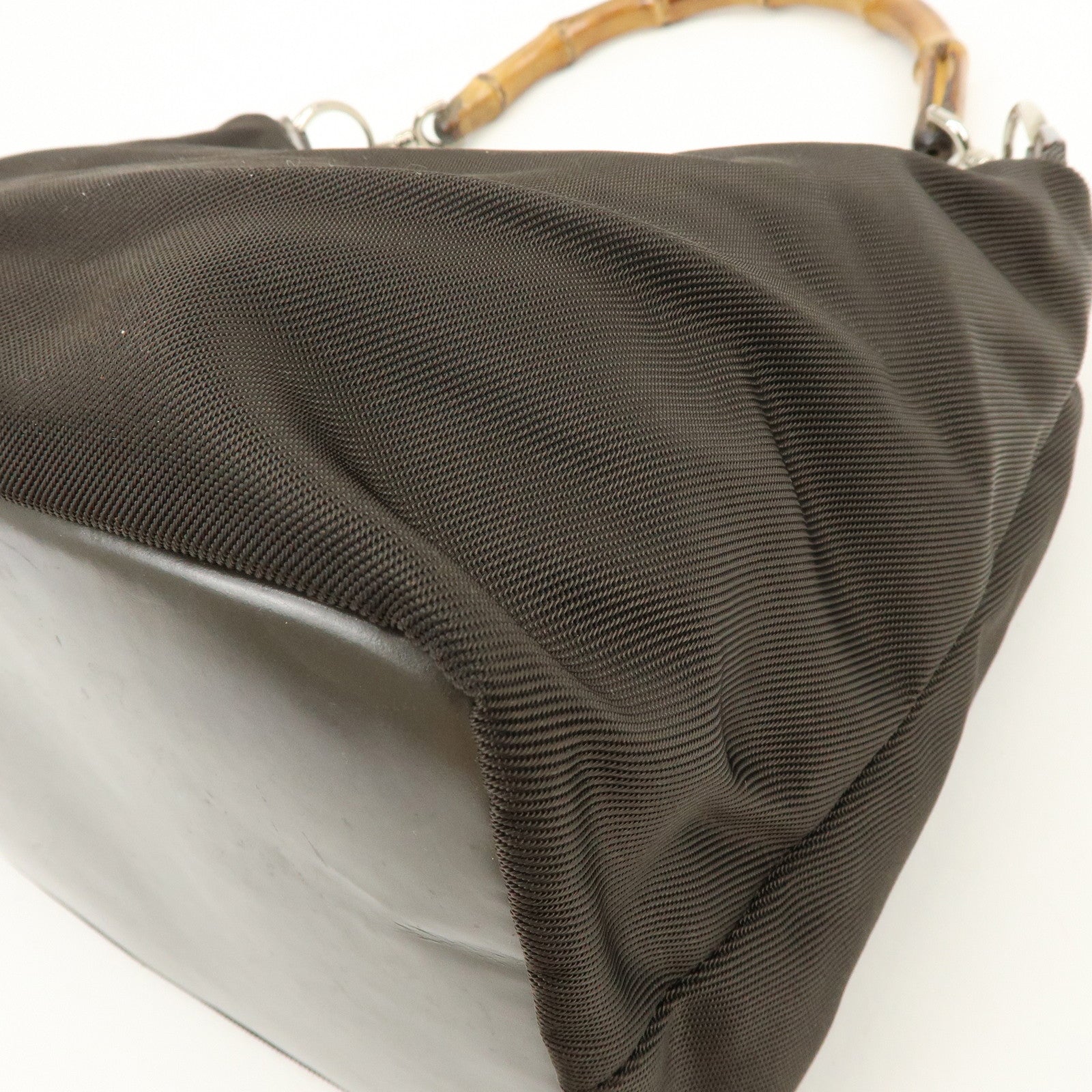 GUCCI Bamboo Nylon Leather Shoulder Bag Hand Bag Brown 000・2214
