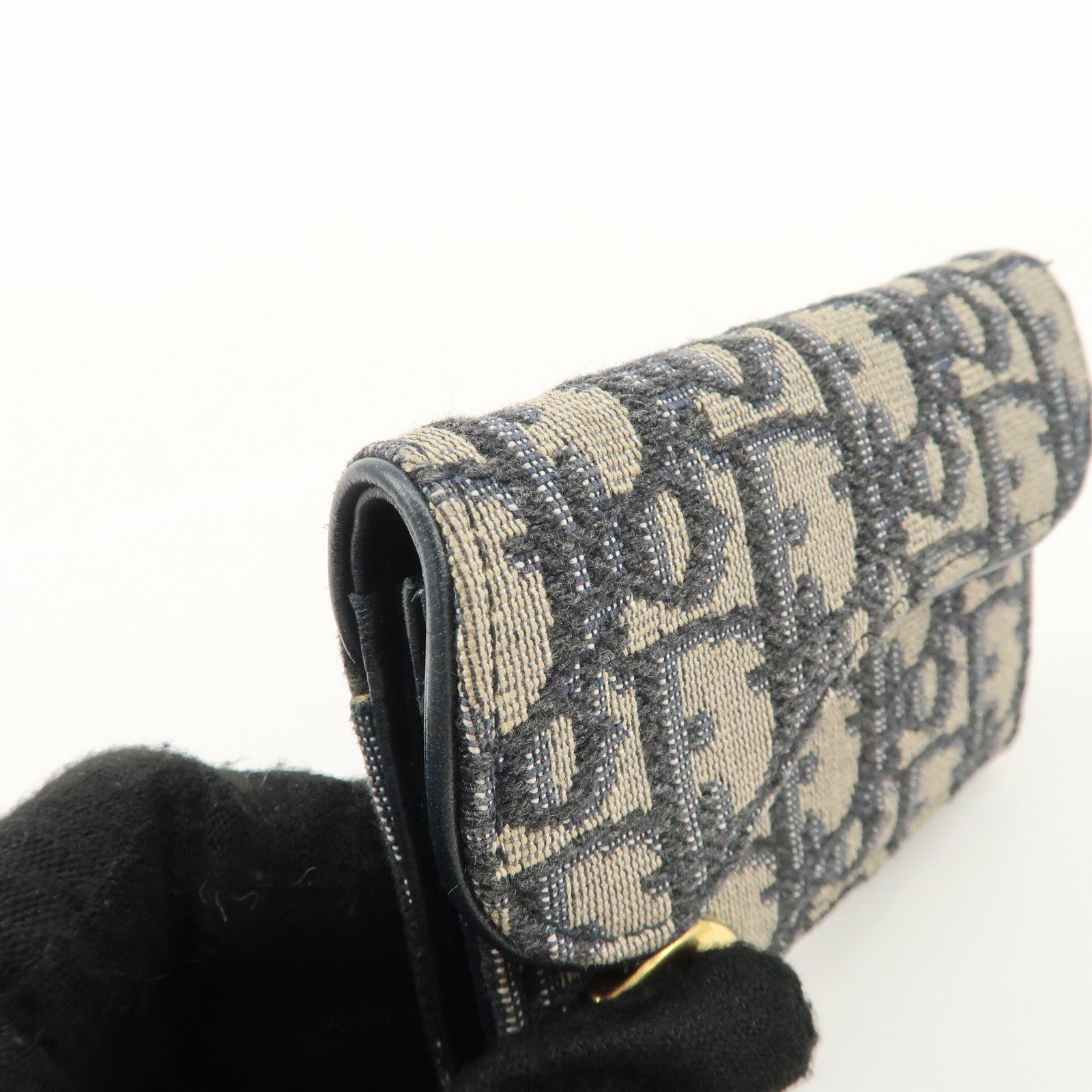 Christian Dior Oblique Canvas Leather Saddle Card Case Beige Navy Used