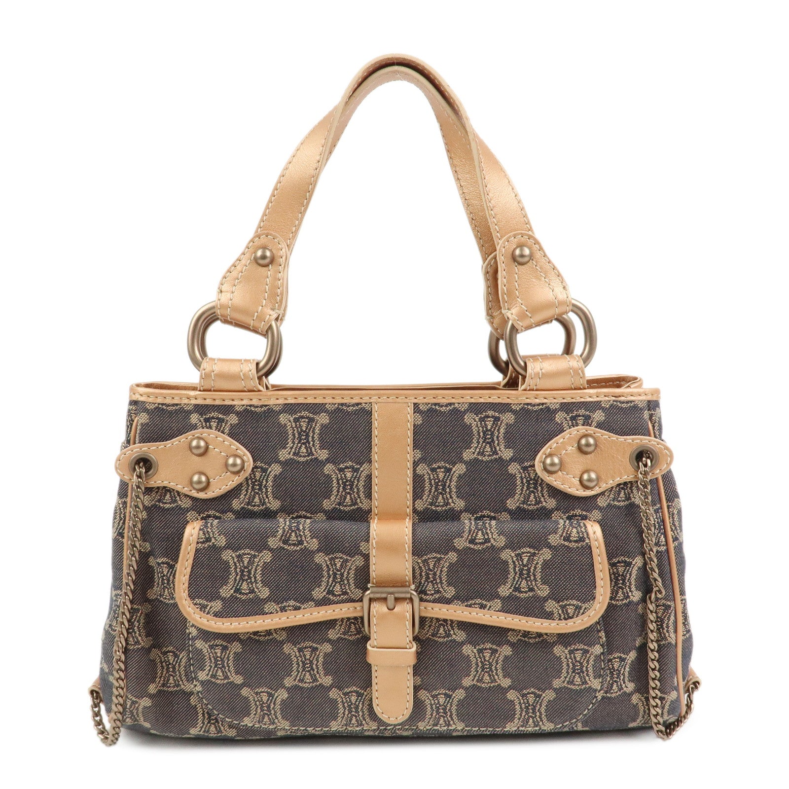 CELINE Macadam Denim Leather Glitter Hand Bag Metallic Pink Navy