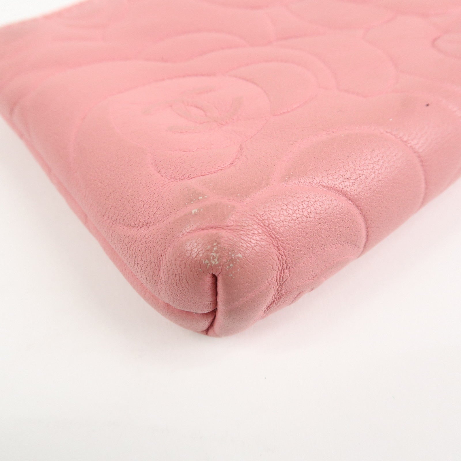 CHANEL Camellia Lamb Skin Leather Coin Case Pink