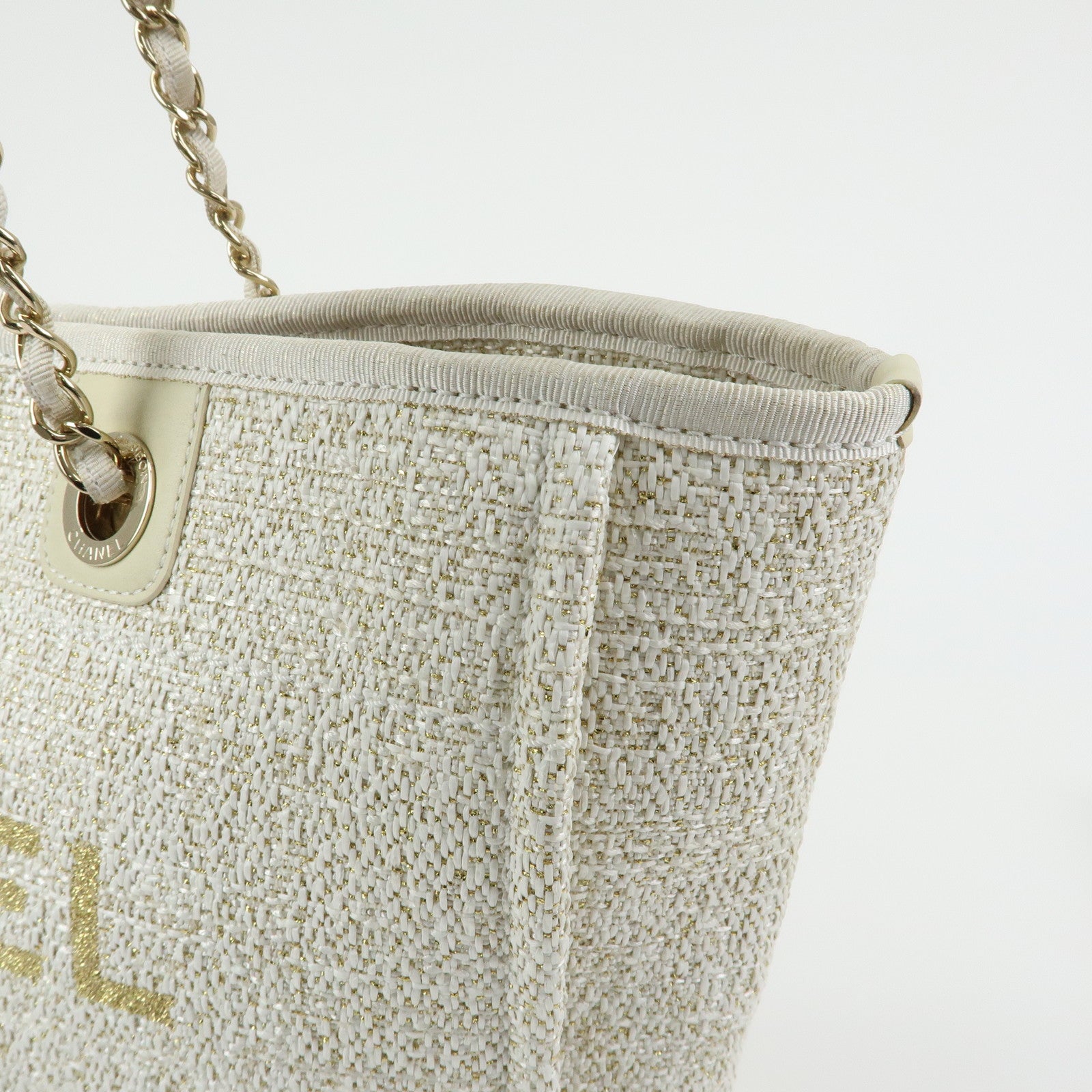 CHANEL Deauville MM Straw Leather Tote Shoulder Bag White A67001