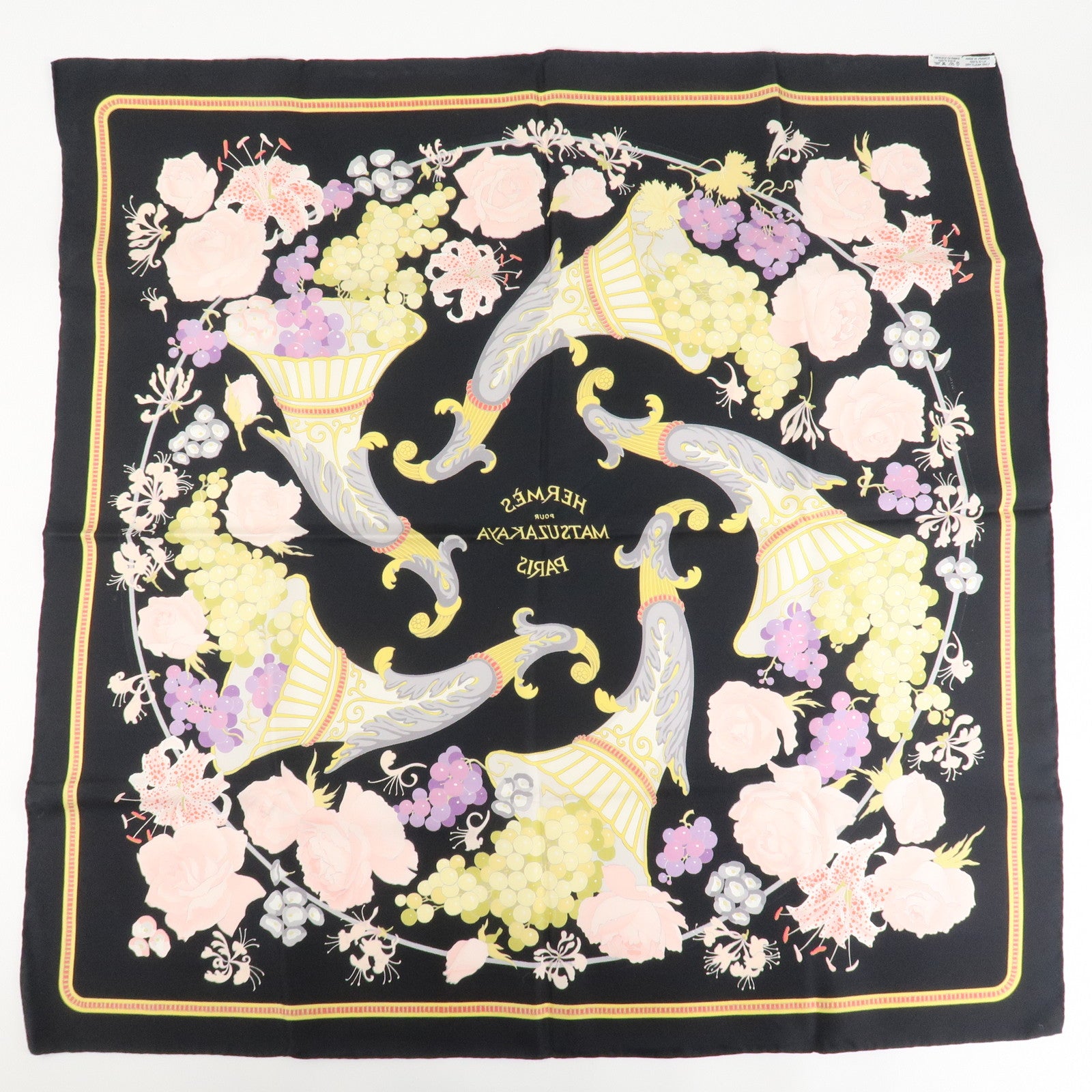 HERMES Carre 90 Silk 100% Scarf MATSUZAKAYA Black Multicolor Used