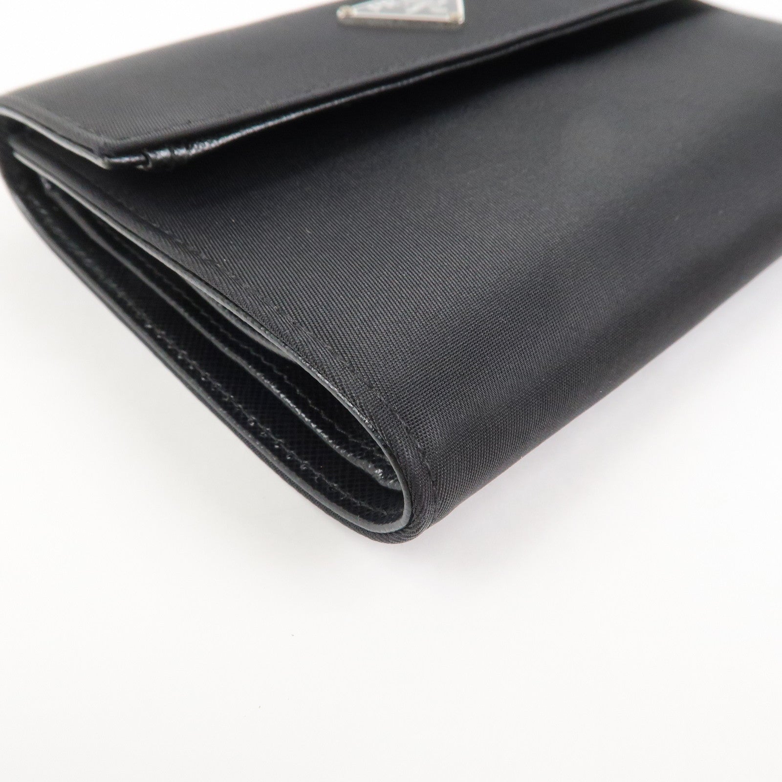 PRADA Triangle Logo Nylon Saffiano Leather Compact Wallet Black