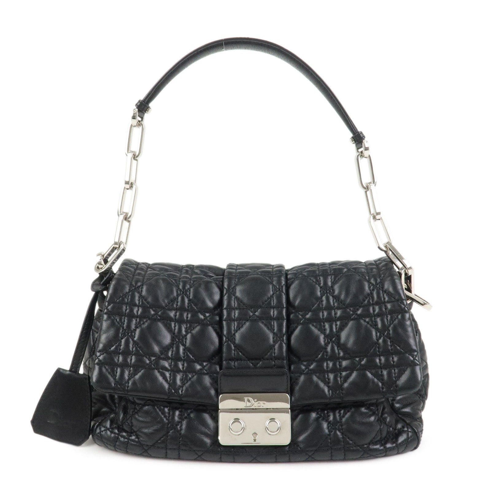 Christian Dior Cannage New Lock Leather Chain Shoulder Bag Black