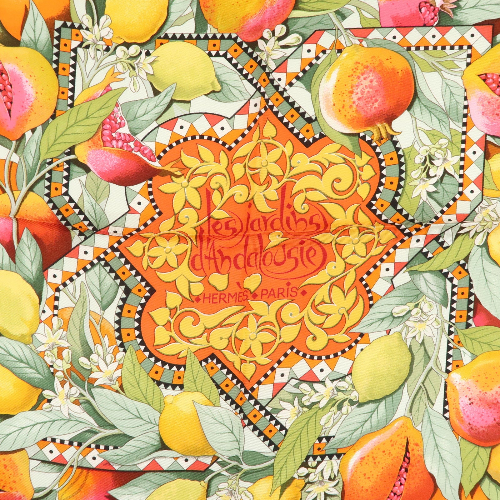 HERMES Carre 90 Silk 100% Les Jardins d’ Andalousie Scarf Oragne