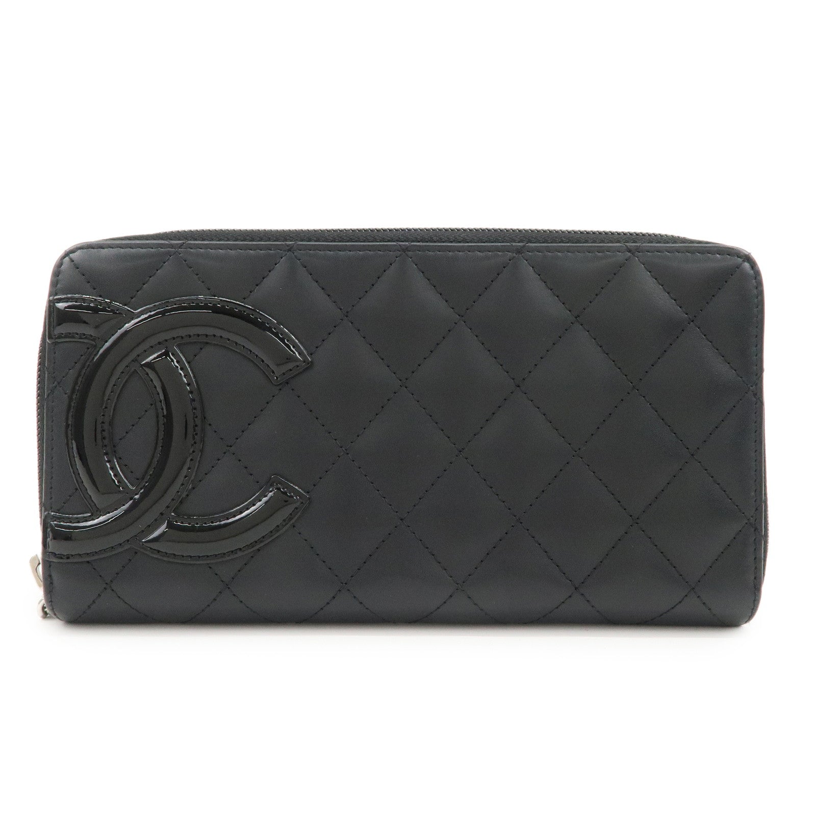 CHANEL Cambon Line Lamb Skin Round Zippy Long Wallet Black A50078 Used