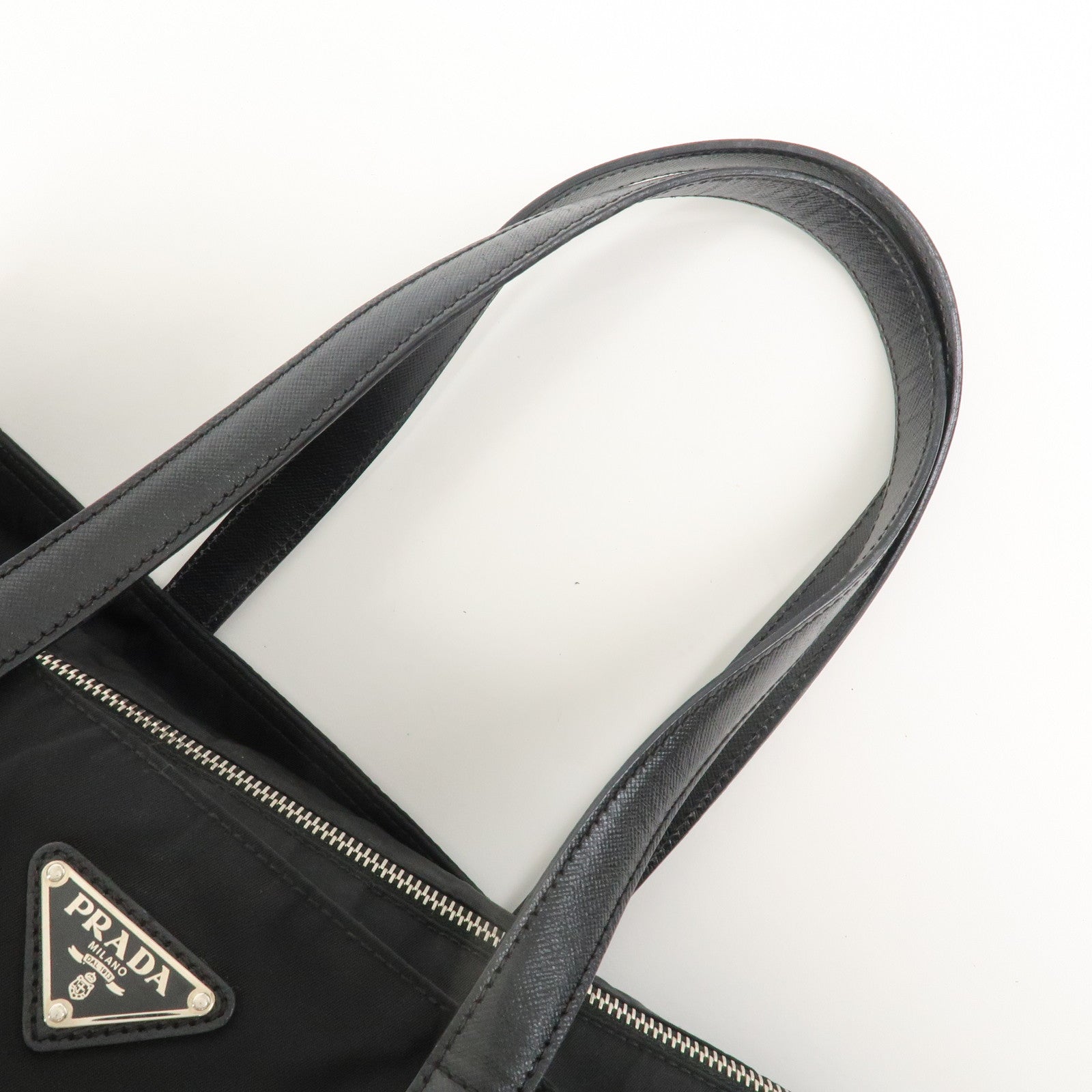 PRADA Triangle Logo Nylon Saffiano Leather Tote Shoulder Bag Black