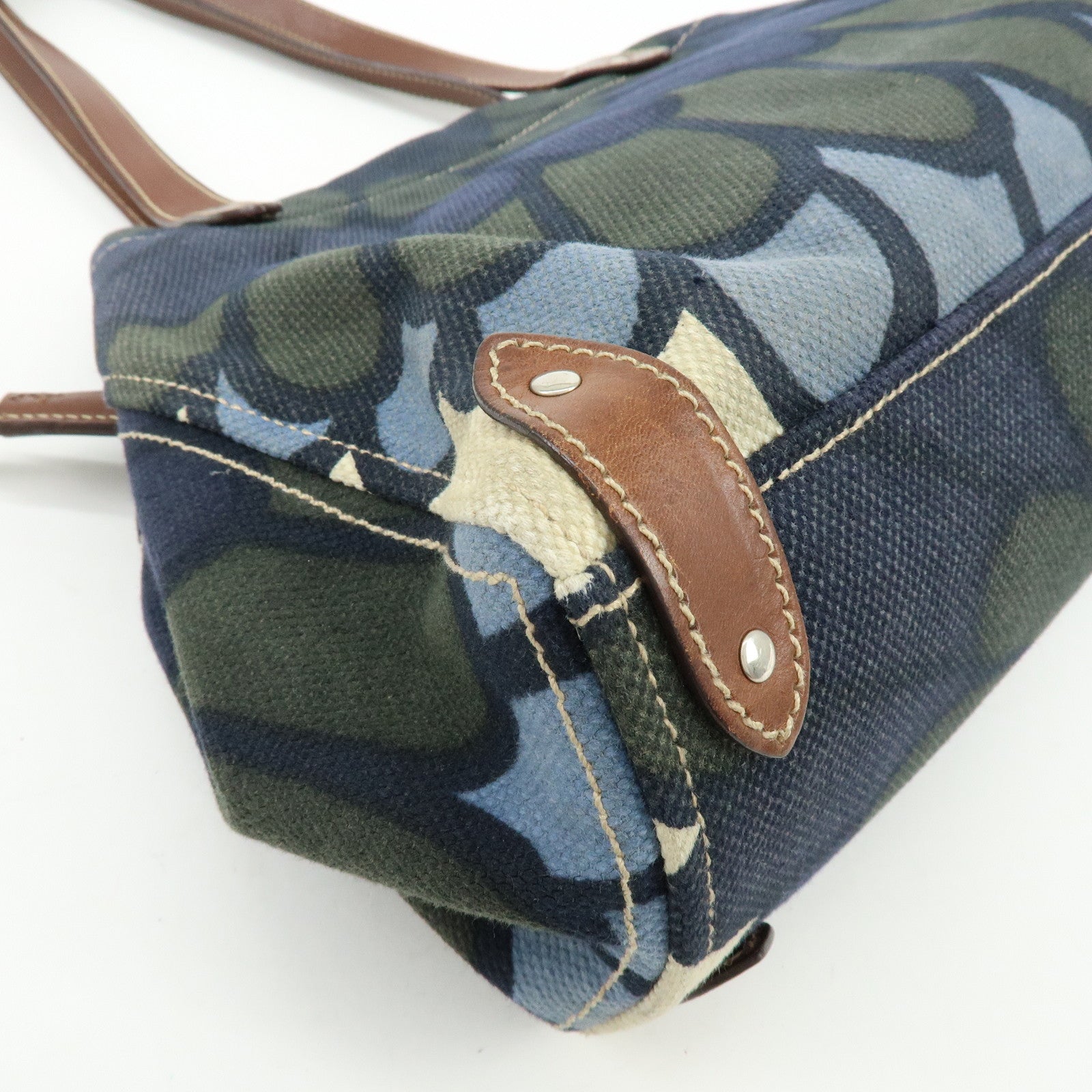 MIU MIU Canvas Leather Tote Bag Shoulder Bag Flower Motif Navy