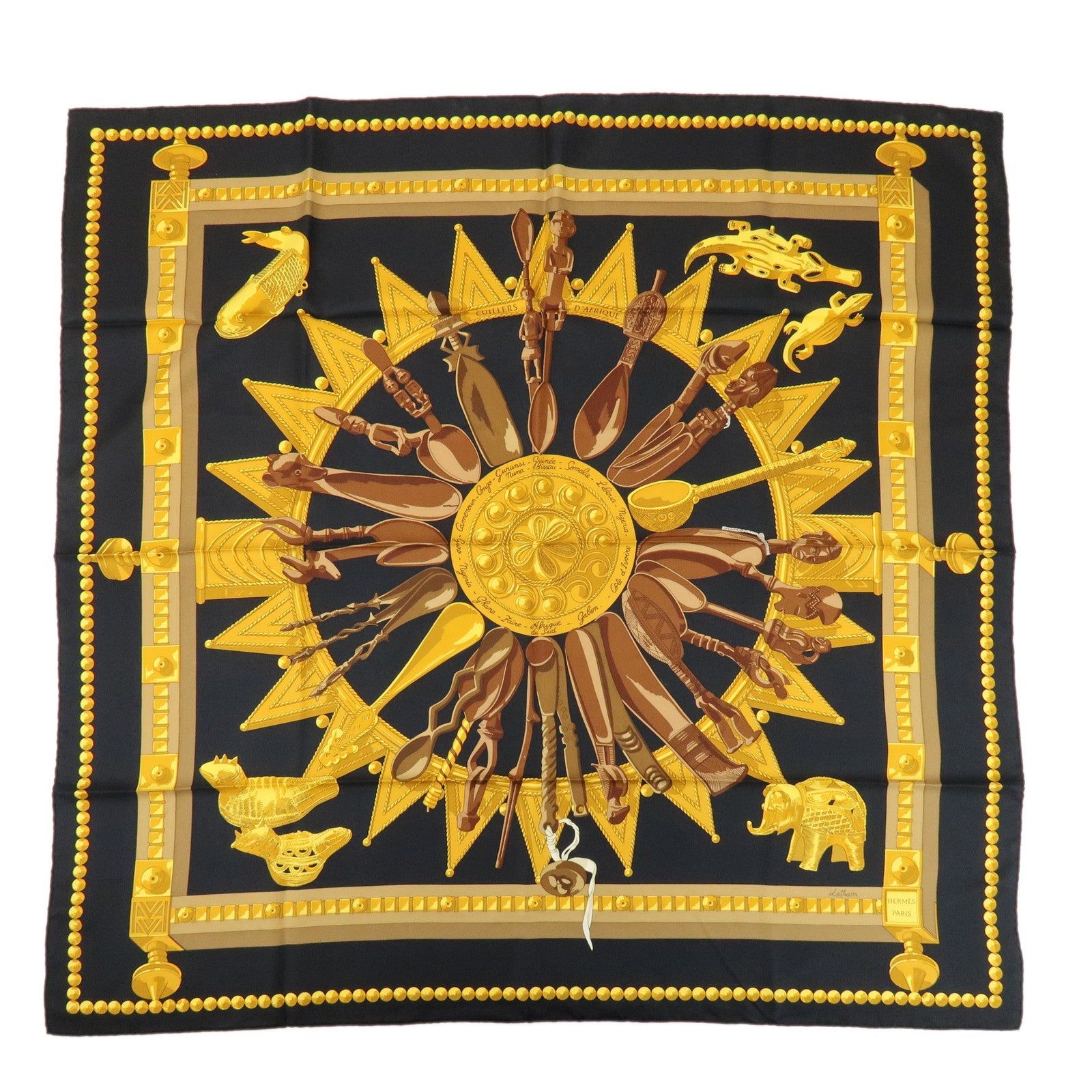 HERMES Carre 90 Silk 100% Scarf CUILLERS D'AFRIQUE Black Gold