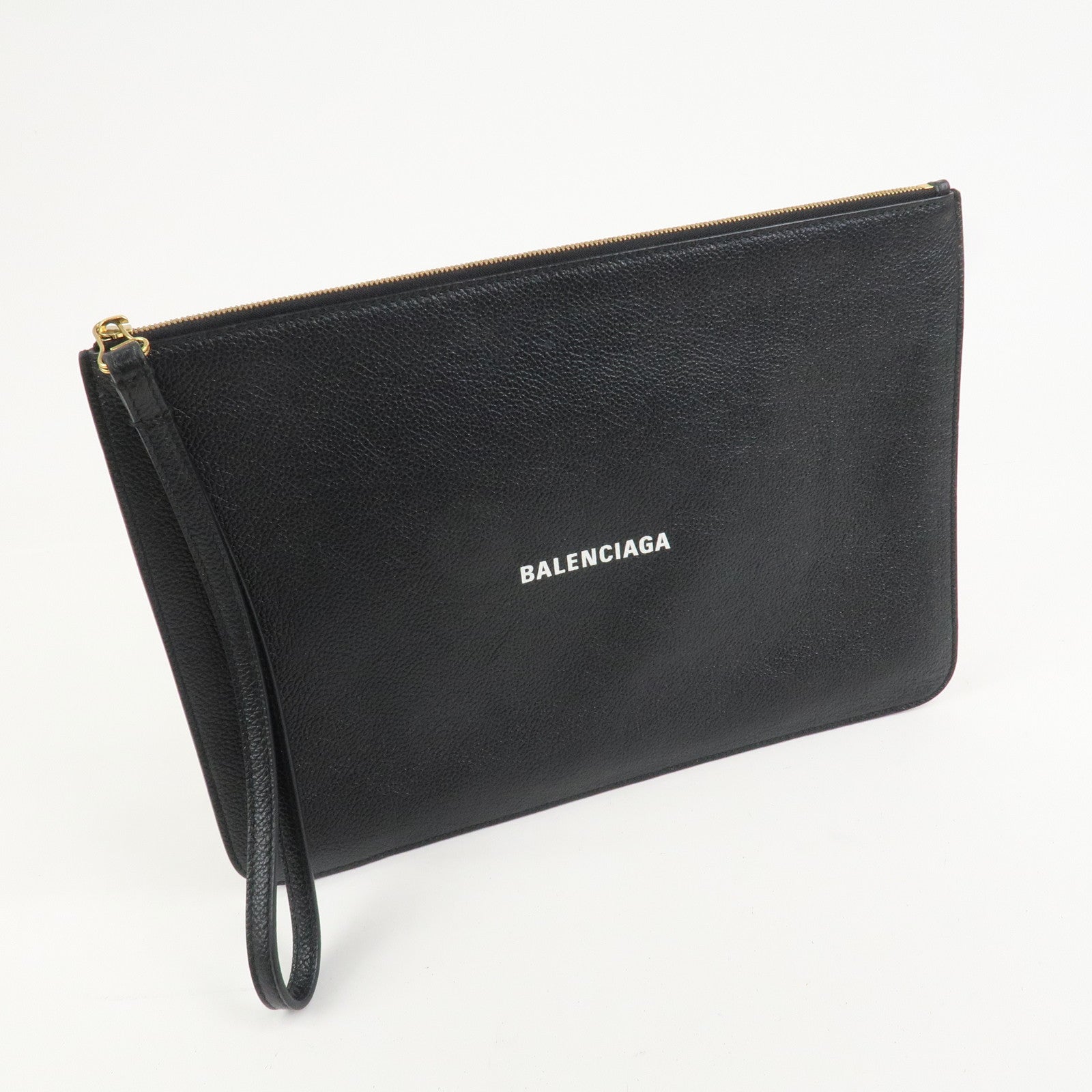 BALENCIAGA Everyday Leather Clutch Bag Flat Pouch Black 655605