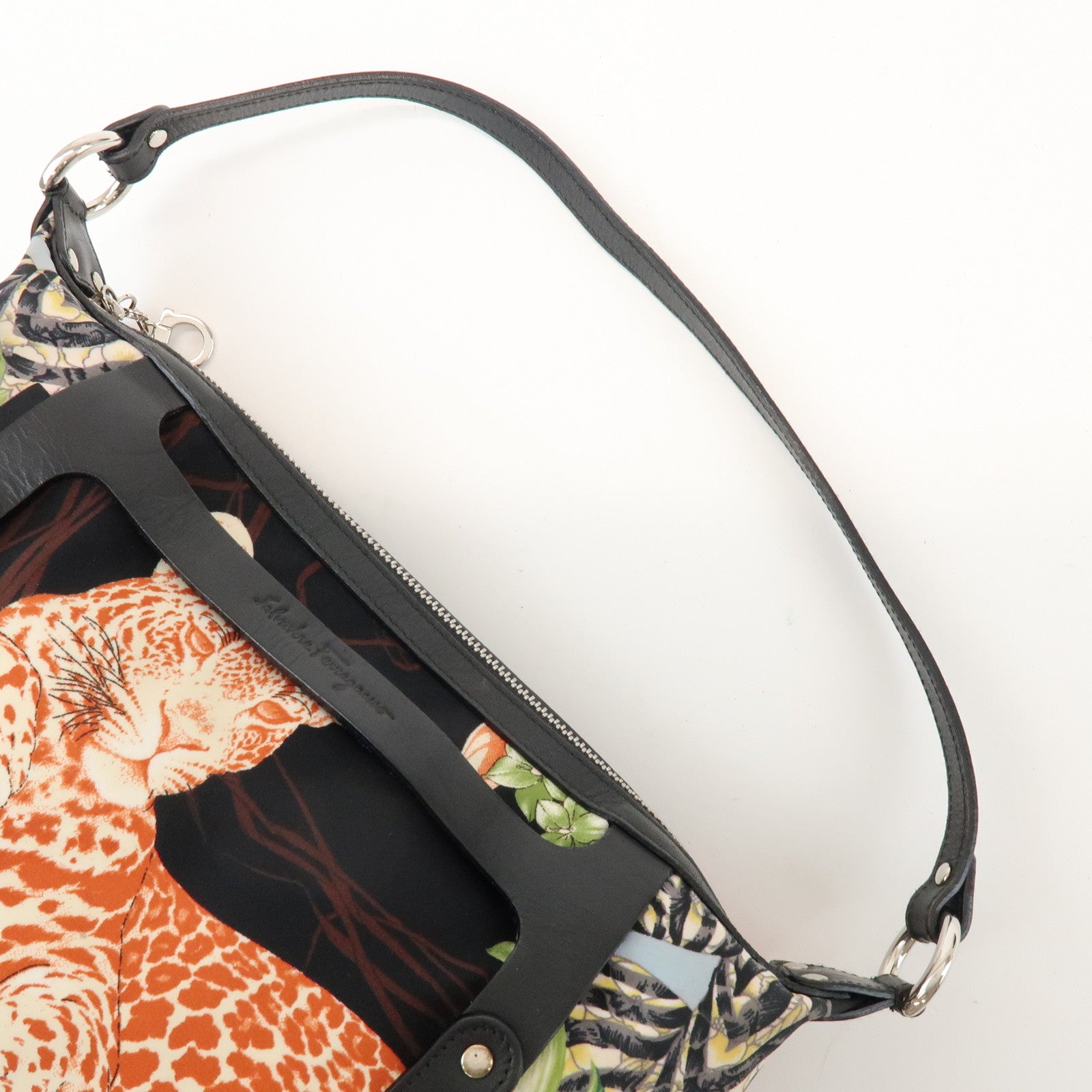 Ferragamo Nylon Leather Shoulder Bag Black Multicolor Animal