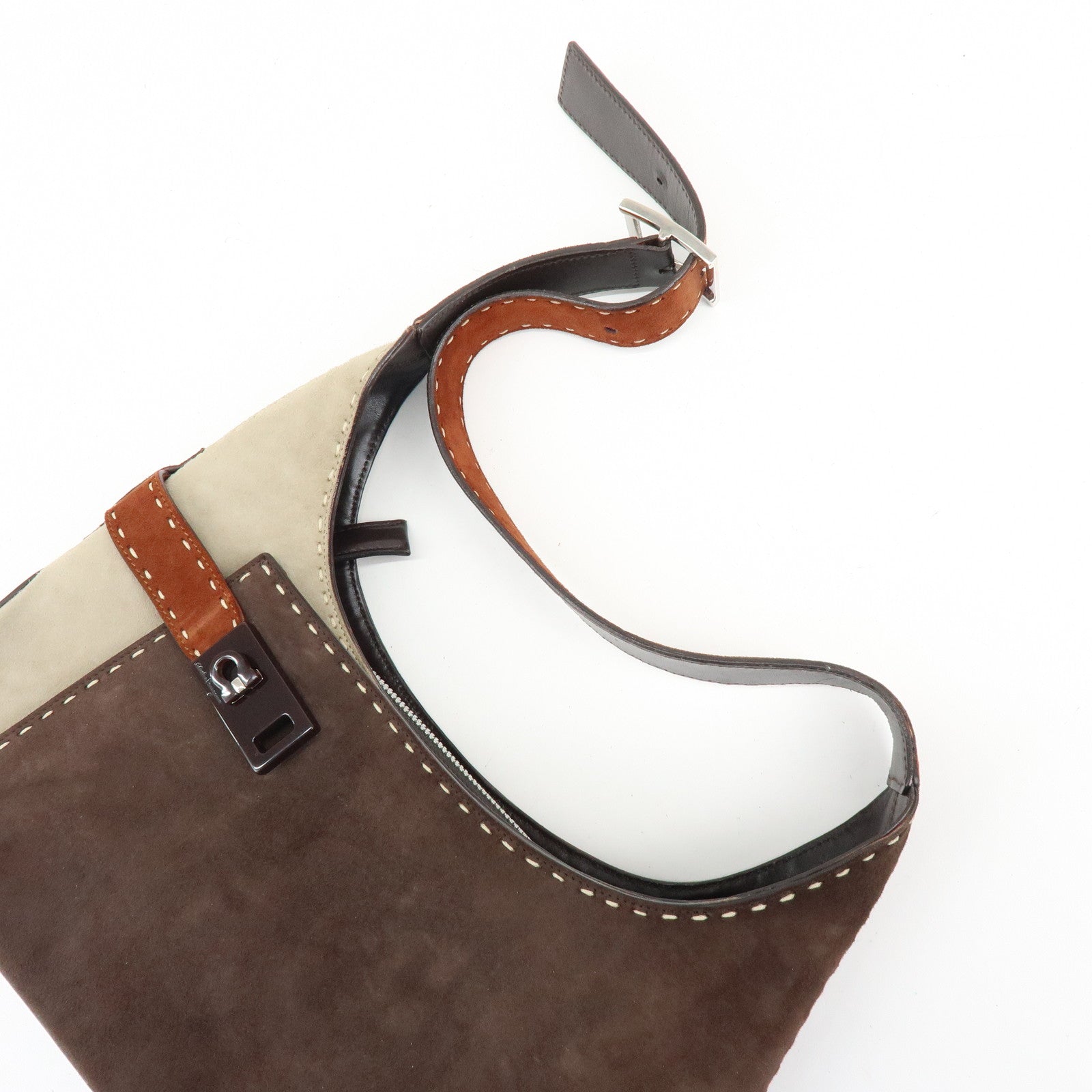 Ferragamo Gancini Suede Leather Shoulder Bag Hand Bag Brown Beige