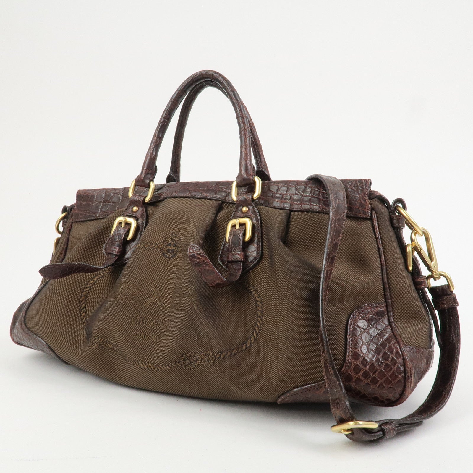 PRADA Logo Canvas Embossed Leather 2Way Shoulder Bag Hand Bag Brown