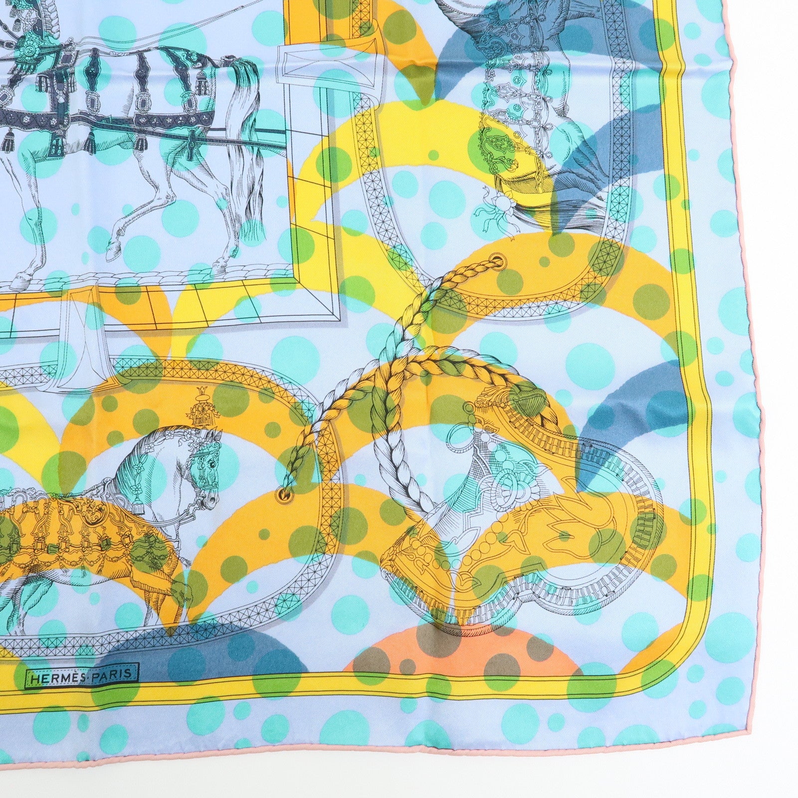 HERMES Carre 70 Silk 100% Scarf Tres Grand Apparat Blue Yellow