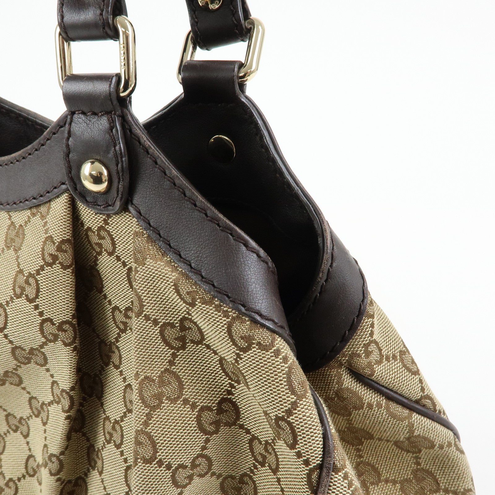 GUCCI GG Canvas Leather Tote Bag Hand Bag Dark Brown Beige 211944