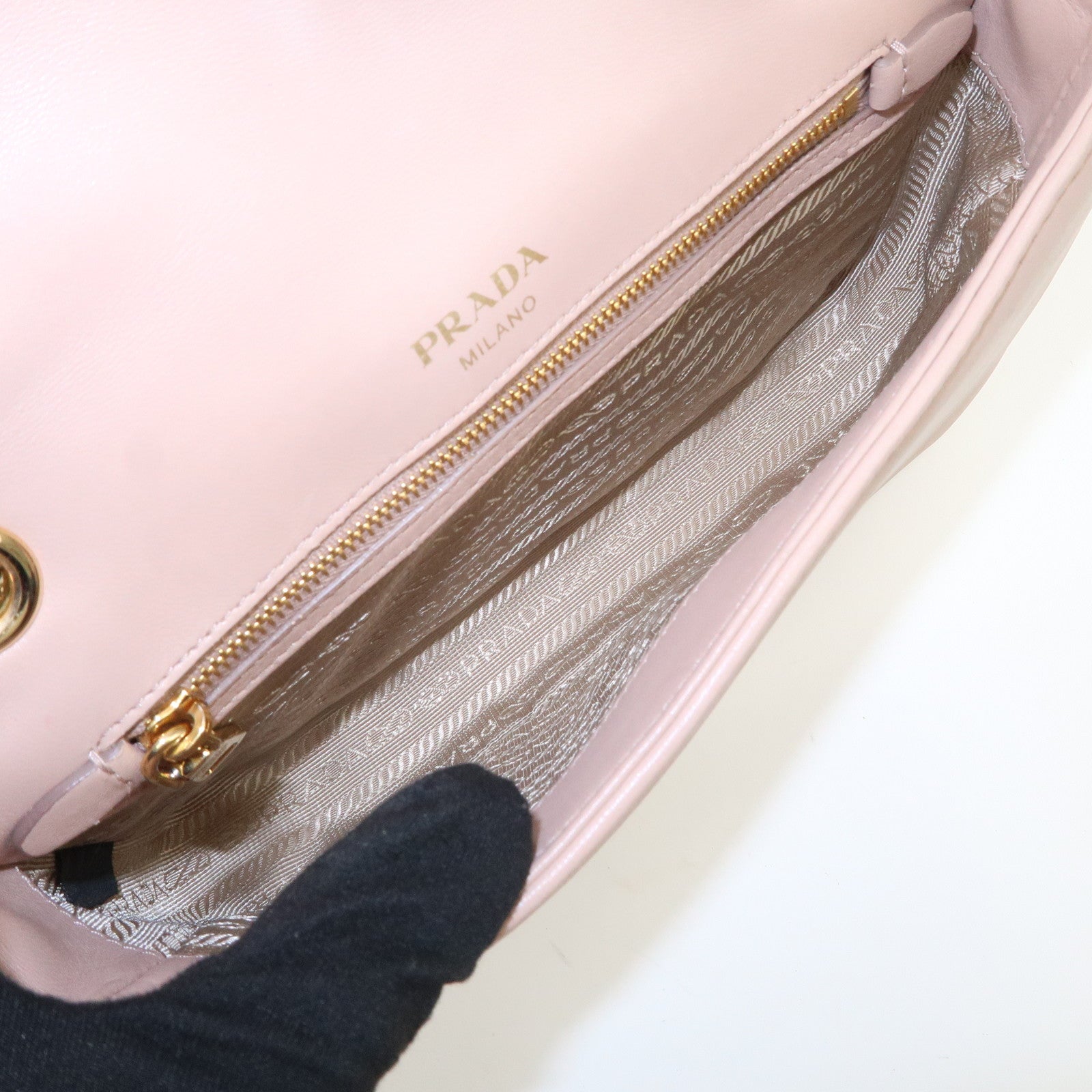 PRADA Logo Leather Gathered Chain Shoulder Bag Pink Beige 1BD147