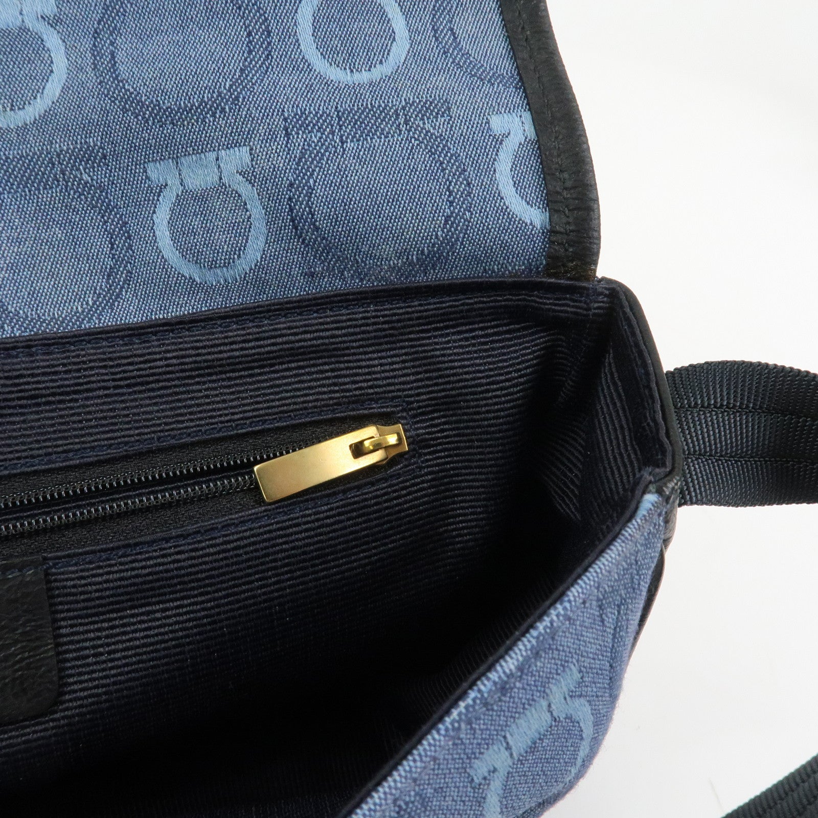 Ferragamo Gancini Canvas Leather Shoulder Bag Blue Black