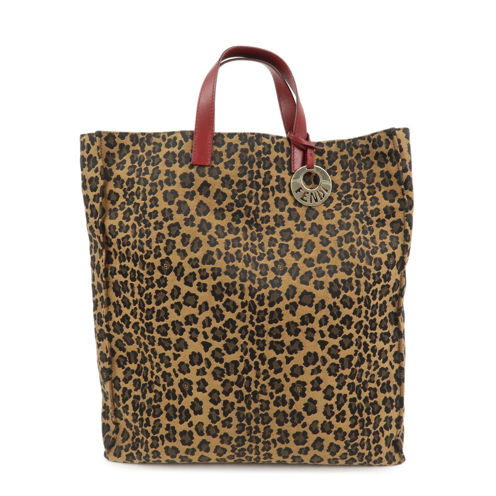 FENDI Canvas Leather Leopard Tote Bag Hand Bag Brown Red 8BH173