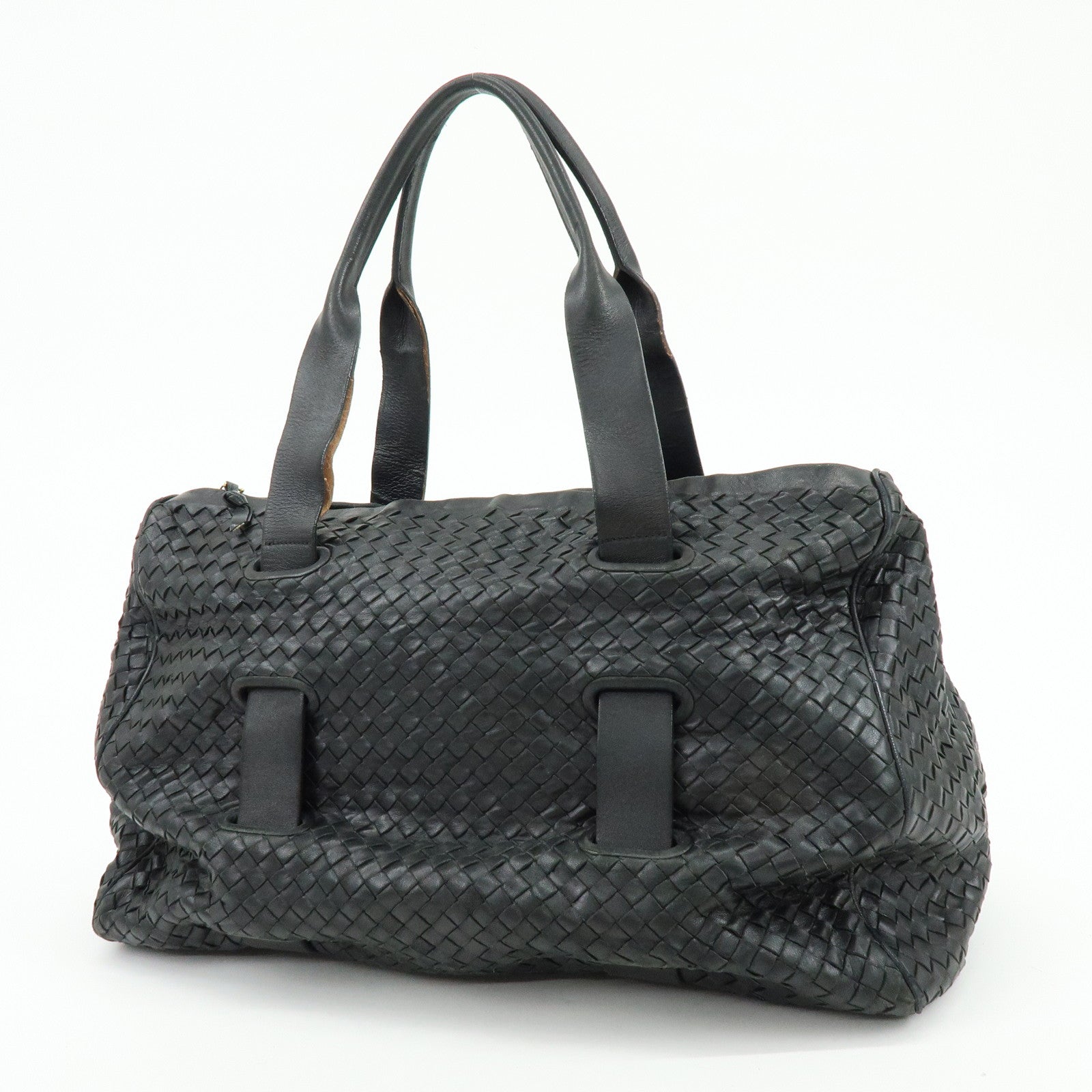 BOTTEGA VENETA Intrecciato Leather Boston Bag Shoulder Bag Black