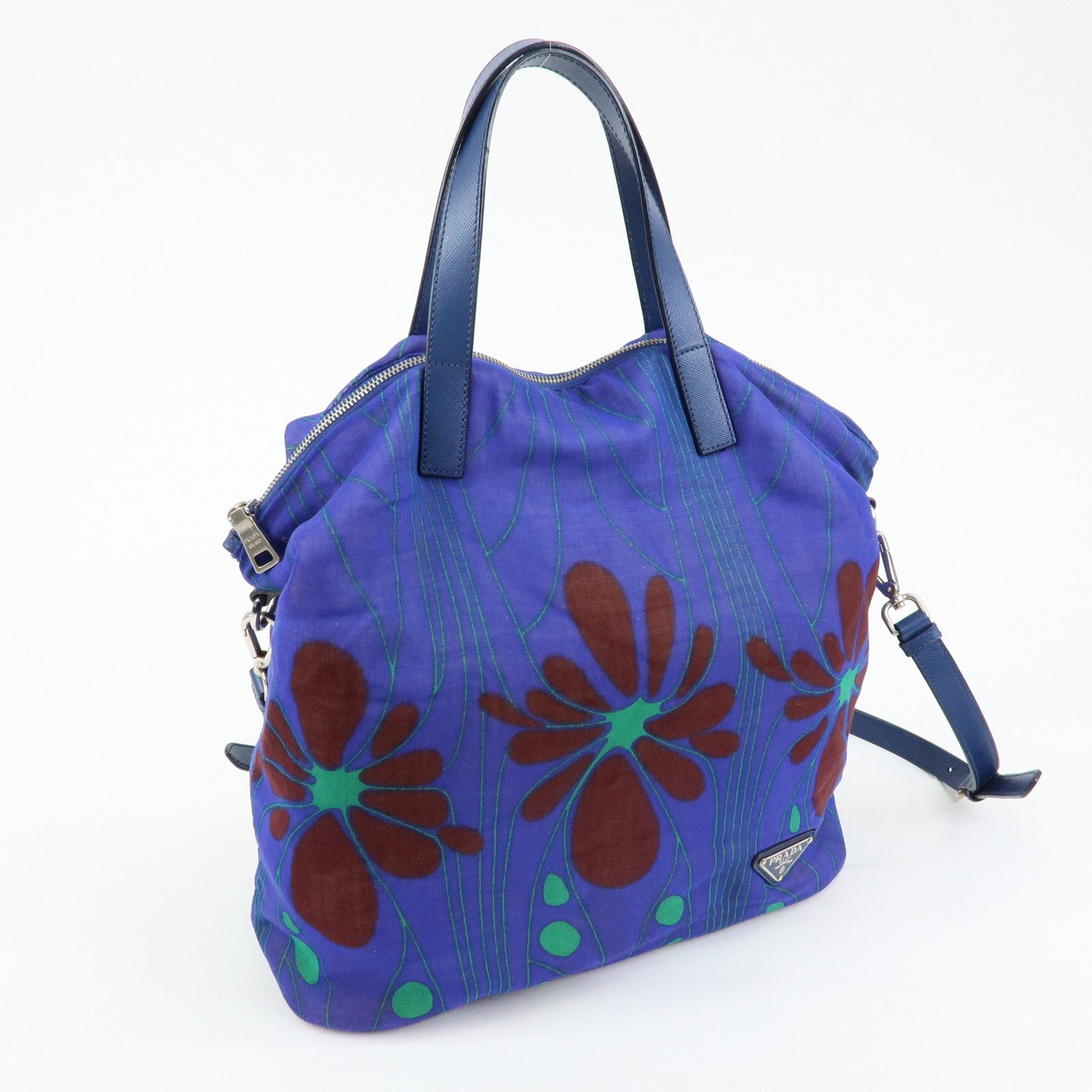 PRADA Triangle Logo Linen Leather 2Way Bag Flower Motif Blue BR4696
