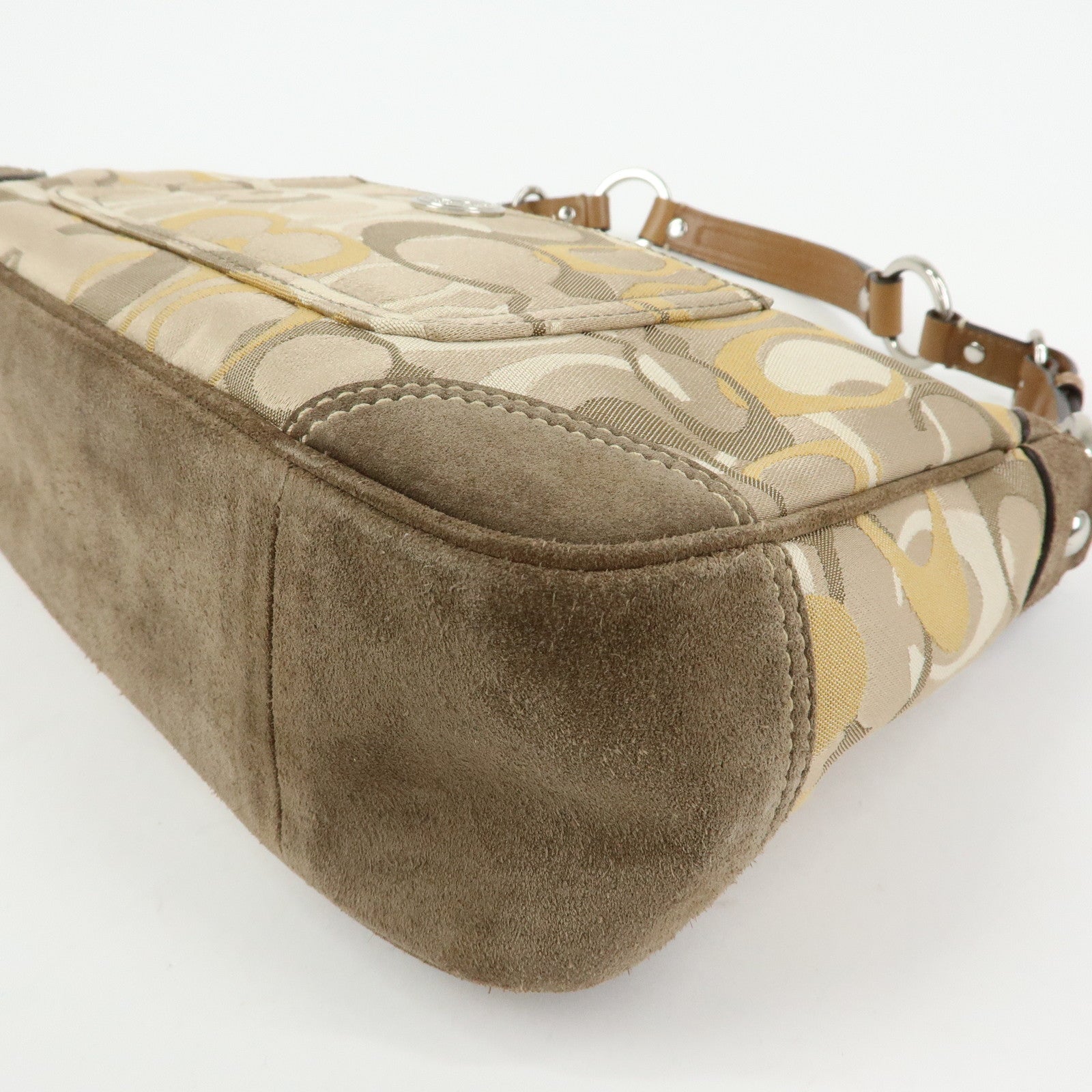 COACH Signature Canvas Suede Leather Shoulder Bag Beige Brown