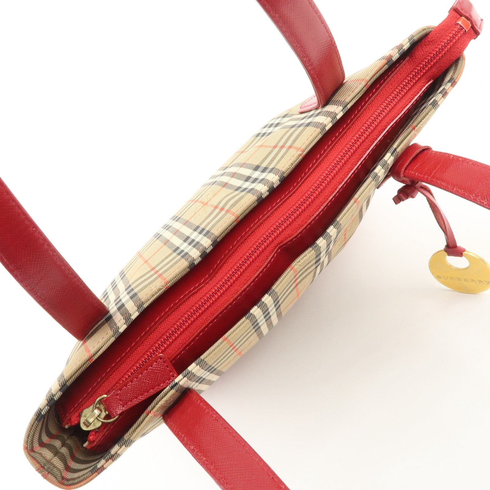 BURBERRY Leather Canvas Tote Bag Hand Bag Nova Plaid Red Beige Used