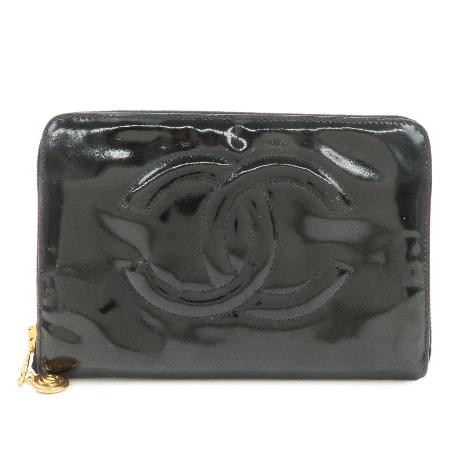 CHANEL Patent Leather Round Zippy Long Wallet Black Used