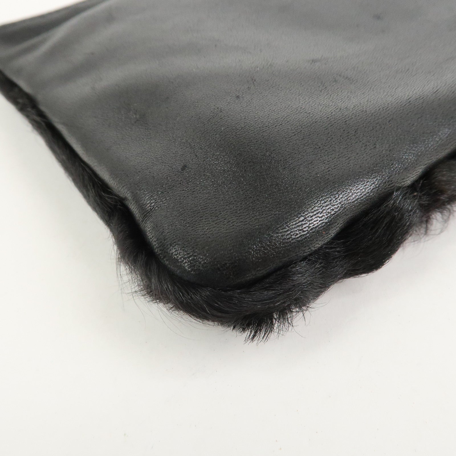 LOEWE Logo Fur Leather Cosmetic Pouch Black