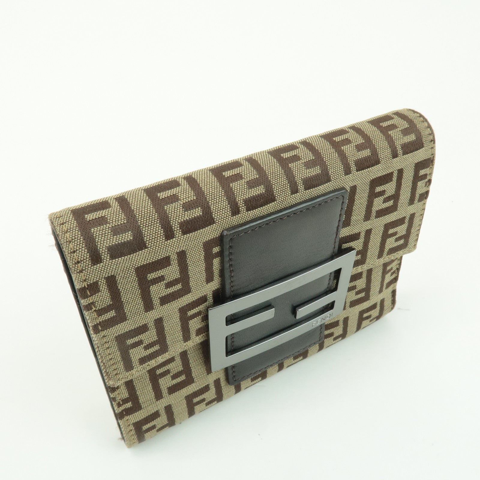 FENDI Zucchino Canvas Leather Tri-fold Wallet Beige Brown 8M0023 Used