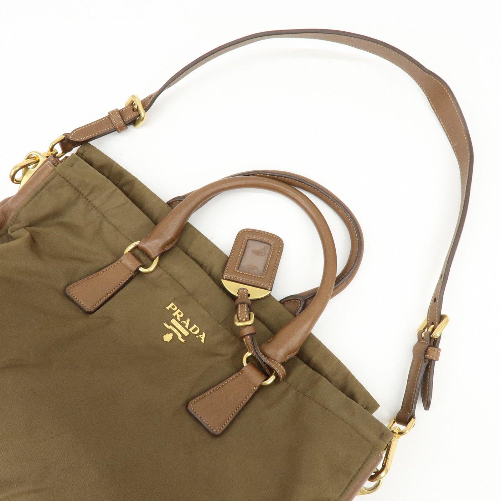 PRADA Triangle Logo Nylon Saffiano Leather 2Way Bag Khaki Brown