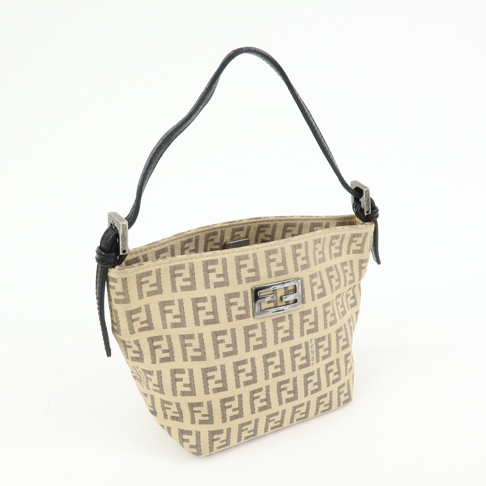 FENDI Zucchino Canvas Leather Mini Hand Bag Beige Black 8BK031
