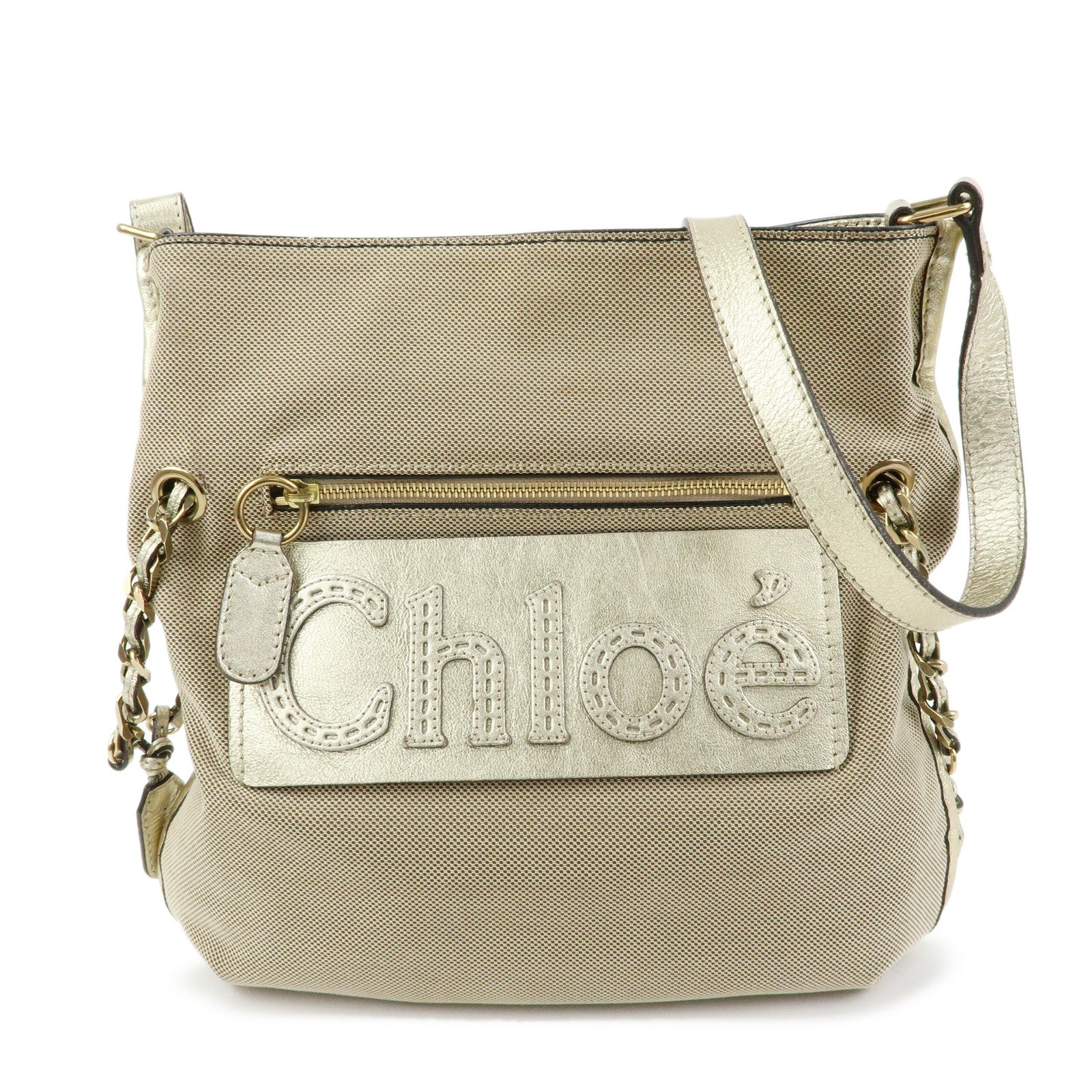 Chloe Harley Canvas Leather Shoulder Bag Crossbody Bag Beige Gold
