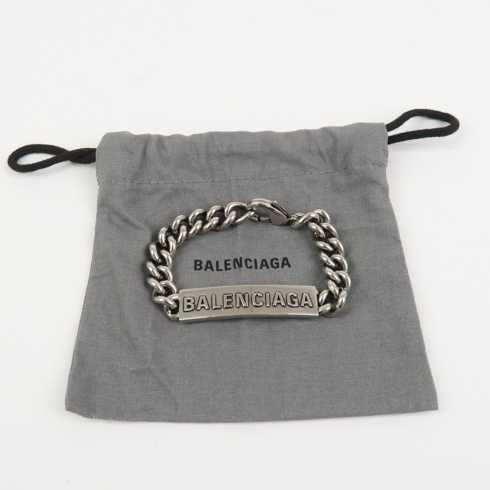 BALENCIAGA Logo Plate Metal Chain Bracelet Silver