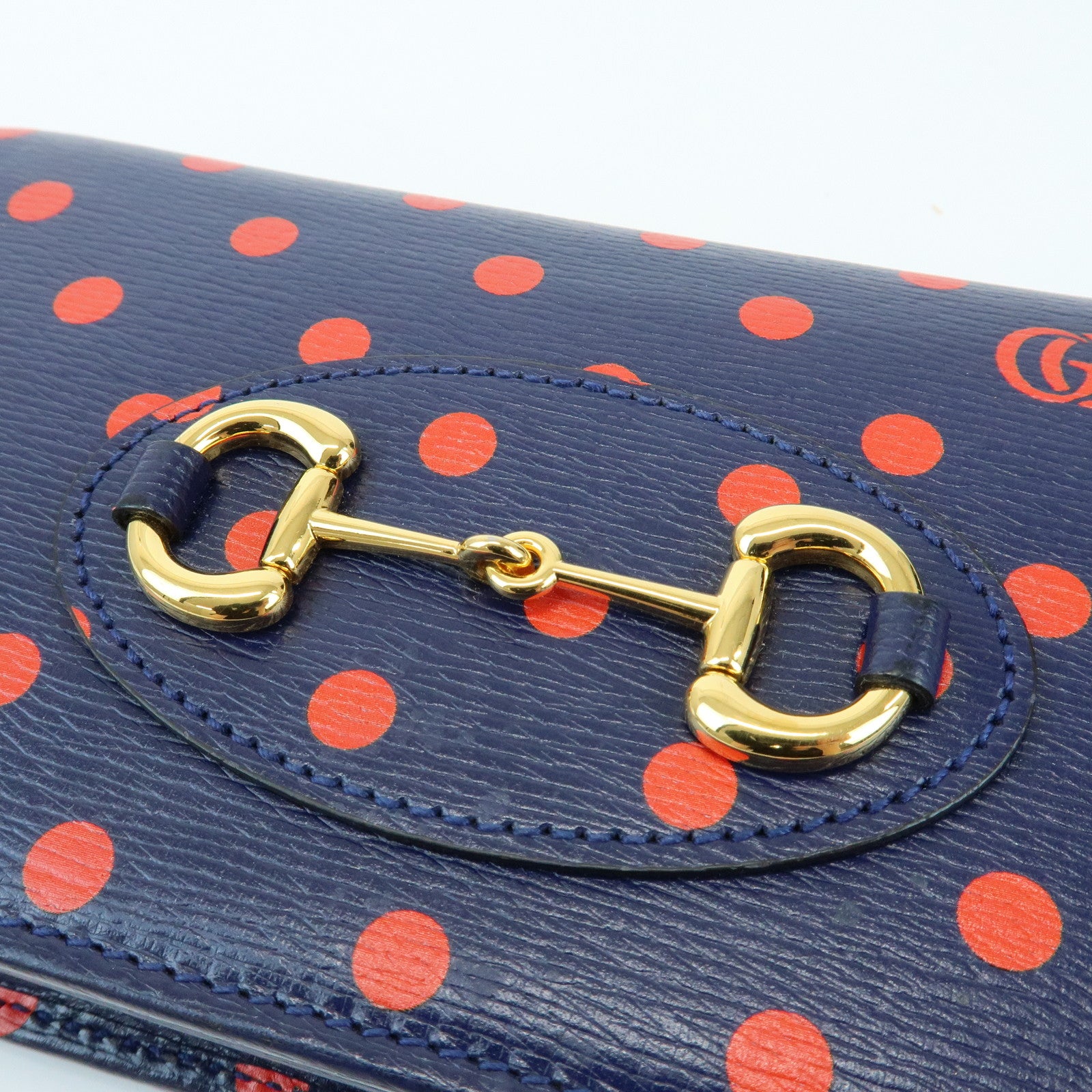 GUCCI Horsebit 1955 Calf Leather Chain Long Wallet Navy Red 621892