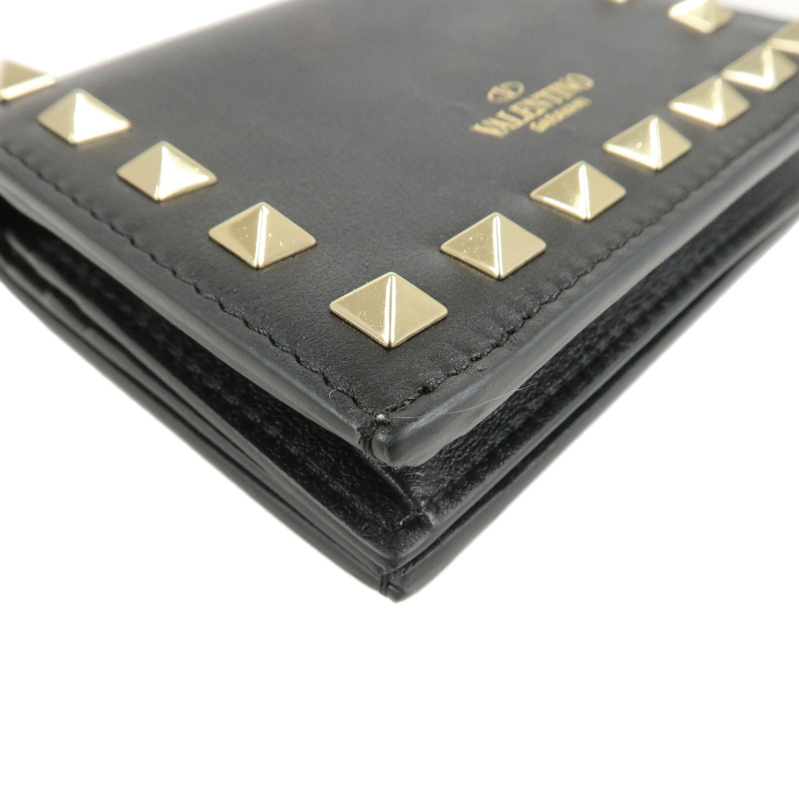 VALENTINO Leather Studs Compact Bi-Fold Wallet Black Gold