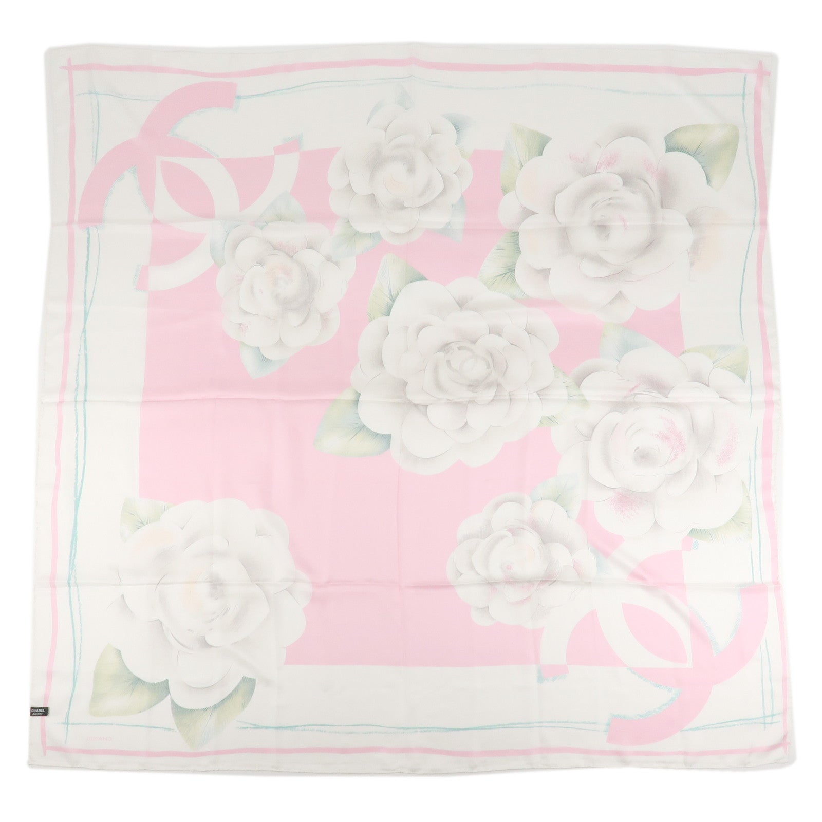 CHANEL COCO Mark Silk 100 % Scarf Pink White Used