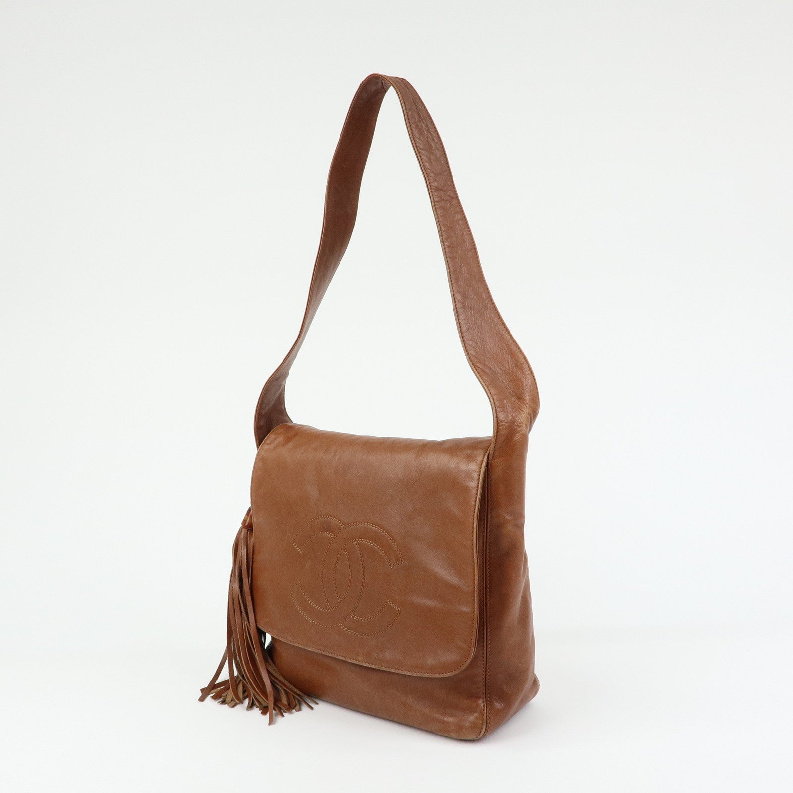 CHANEL COCO Mark Leather Shoulder Bag Tassel Charm Brown