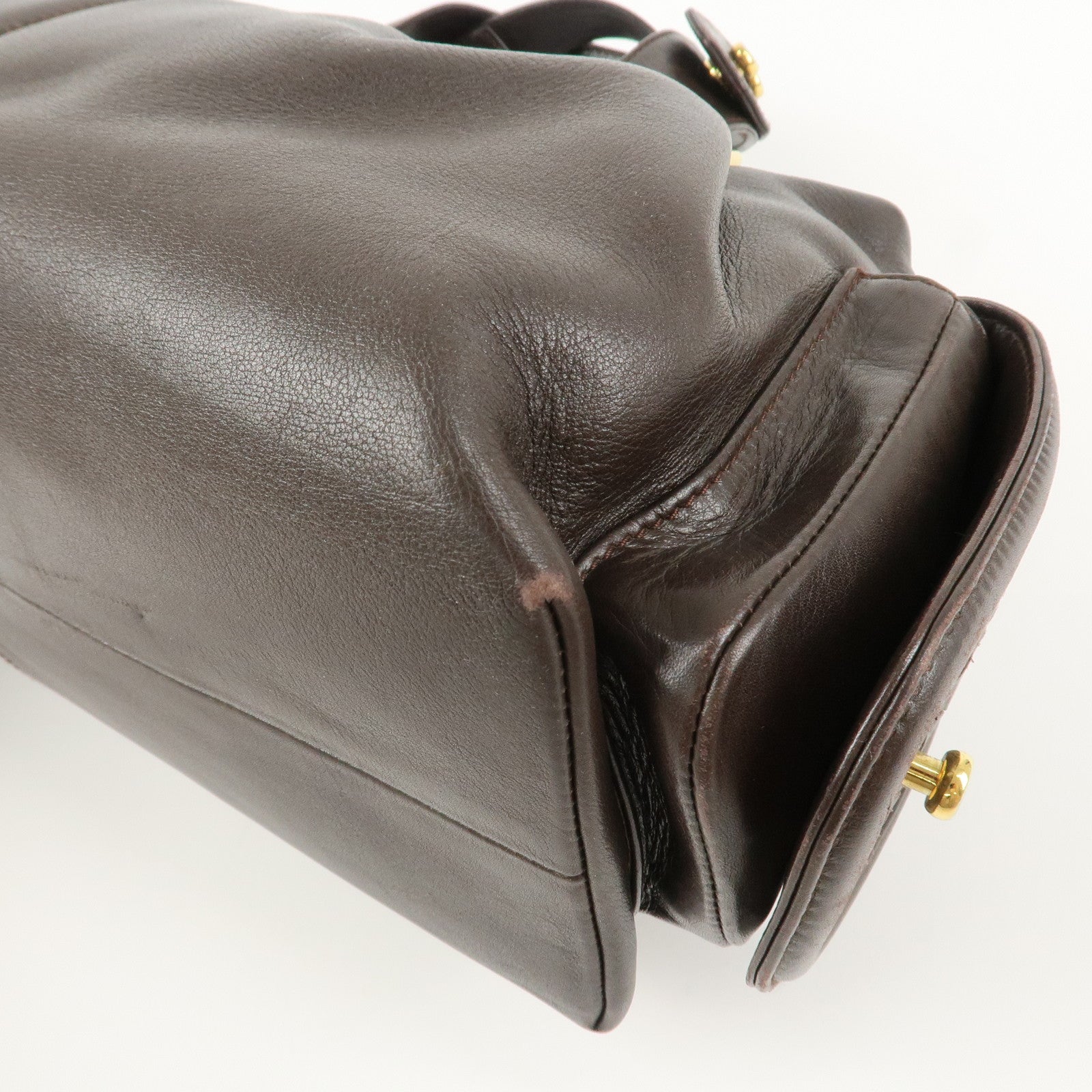 BVLGARI Leoni Leather Hand Bag Boston Bag Brown Gold Hardware Used