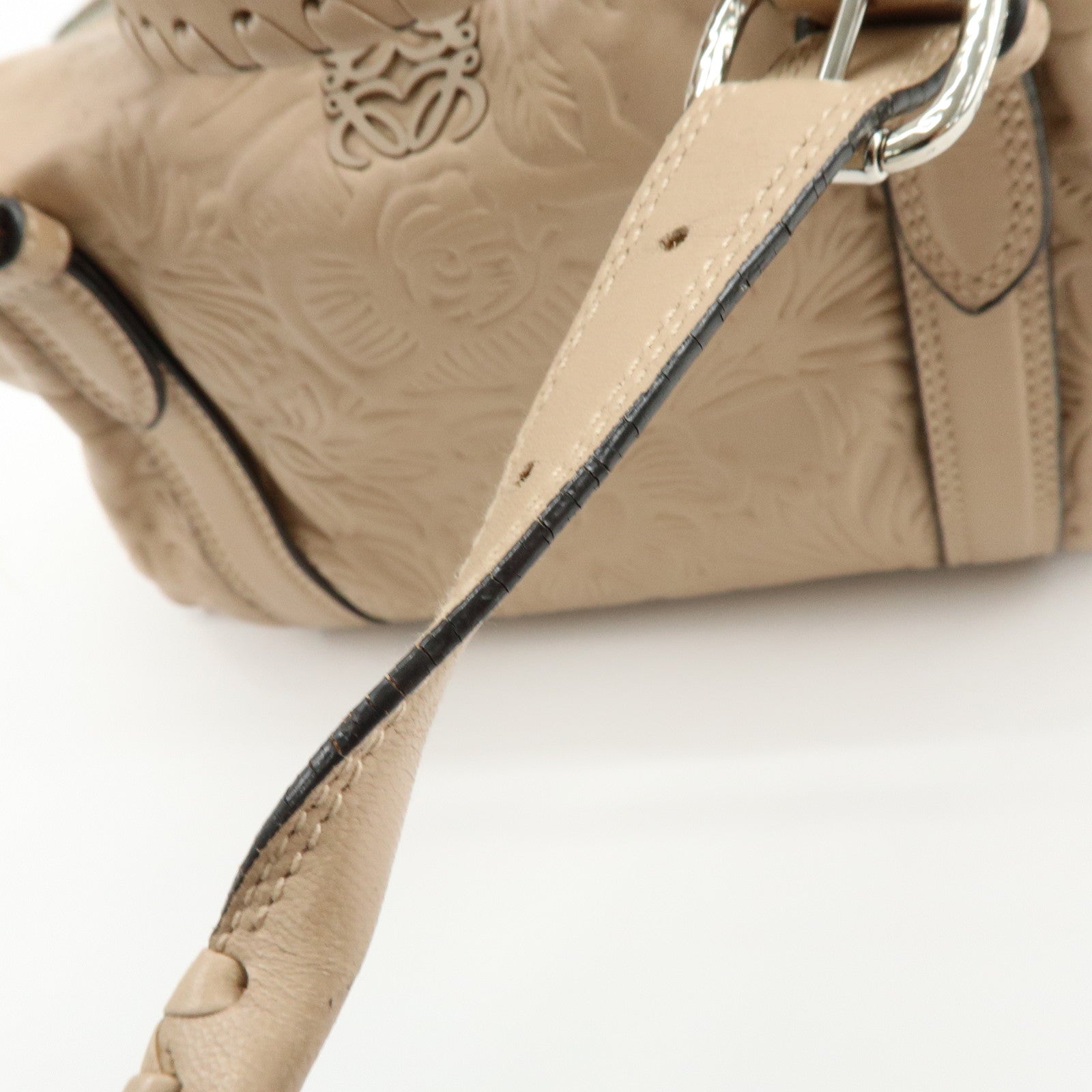 LOEWE Anagram Leather Mini Boston Bag Tote Hand Shoulder Bag Beige