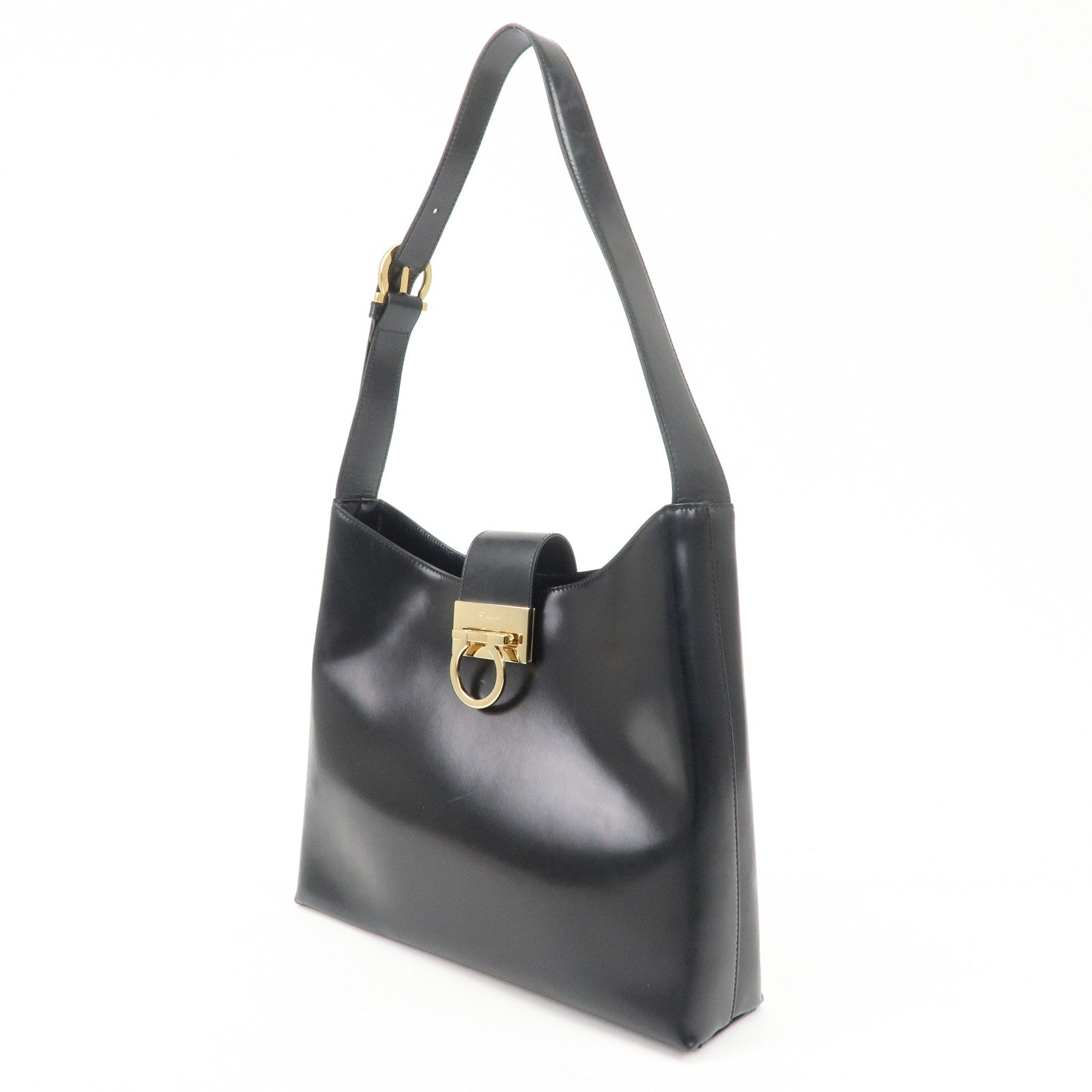 Ferragamo Gancini Leather Shoulder Bag Hand Bag Black Gold HDW