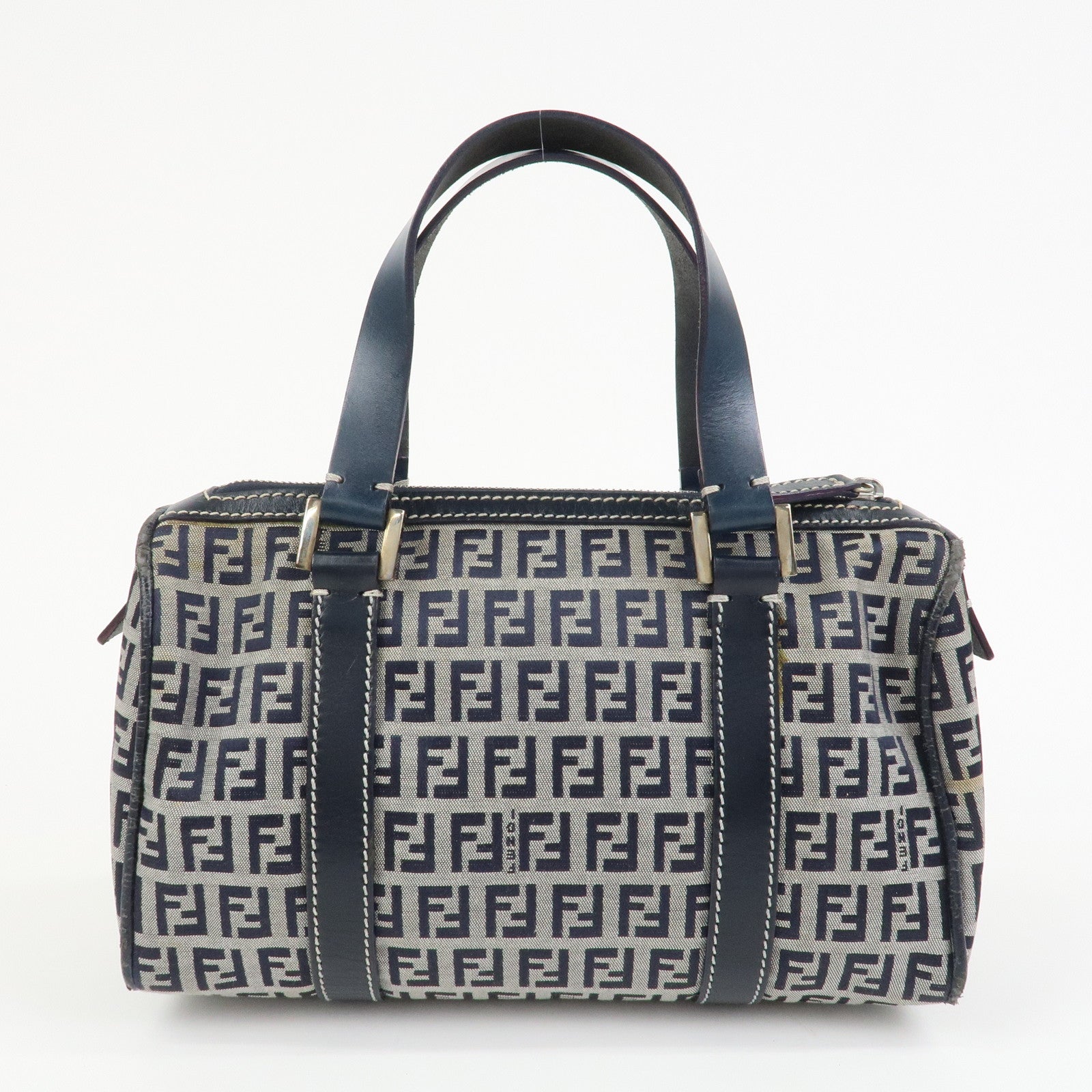 FENDI Zucchino Canvas Leather Hand Bag Mini Boston Bag Navy 16327
