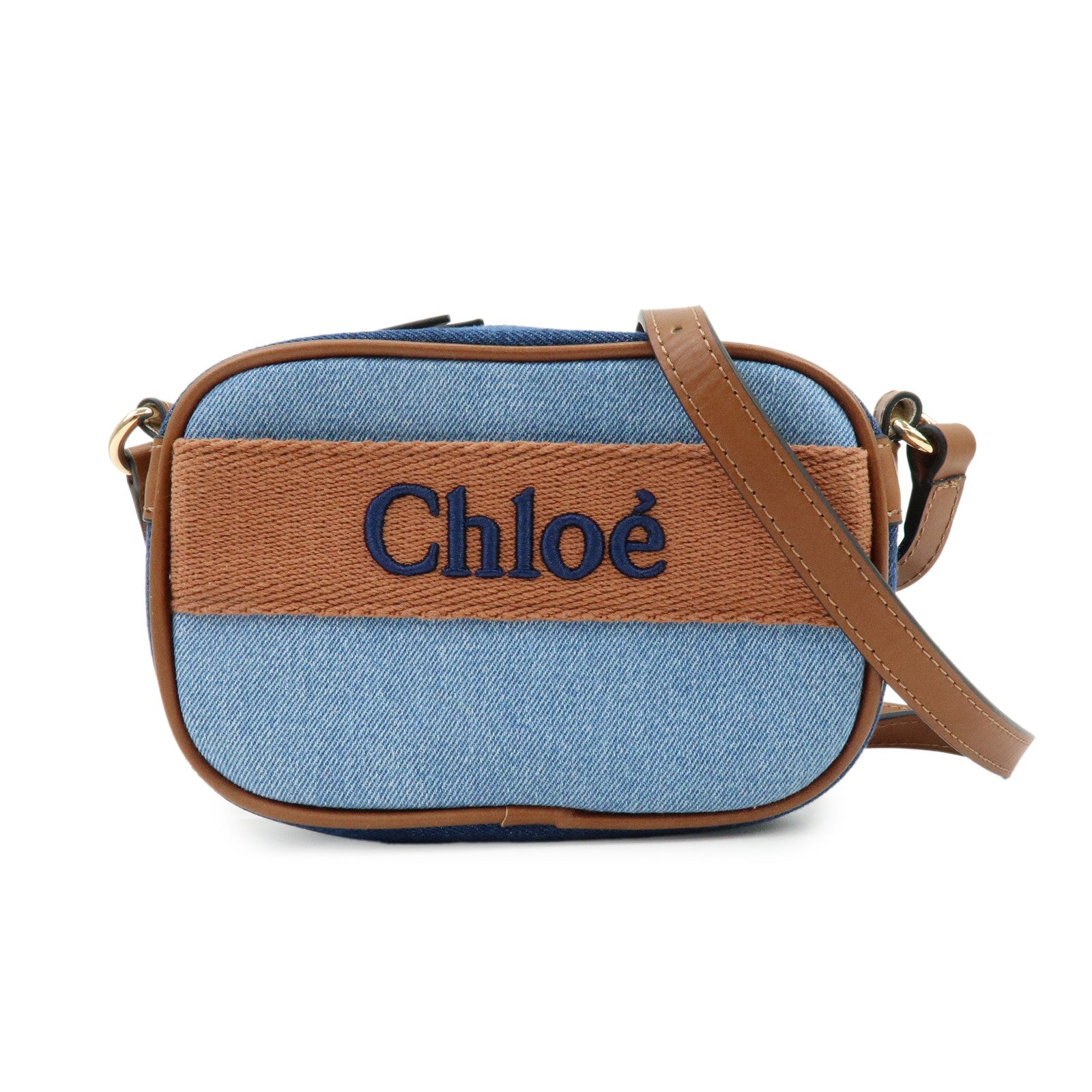Chloe Denim Leather Canvas Shoulder Bag Crossbody Bag Brown Blue