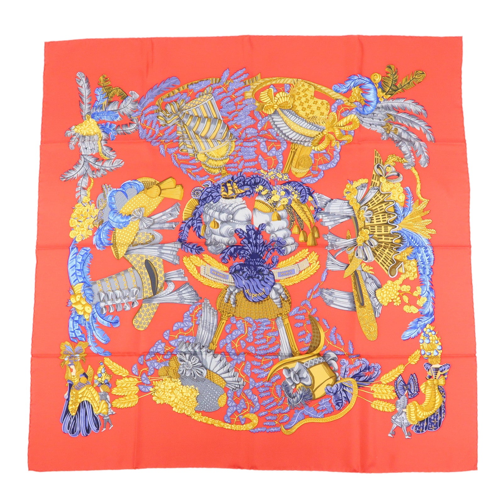 HERMES Carre 90 Silk 100% Scarf Chapeau Red Yellow