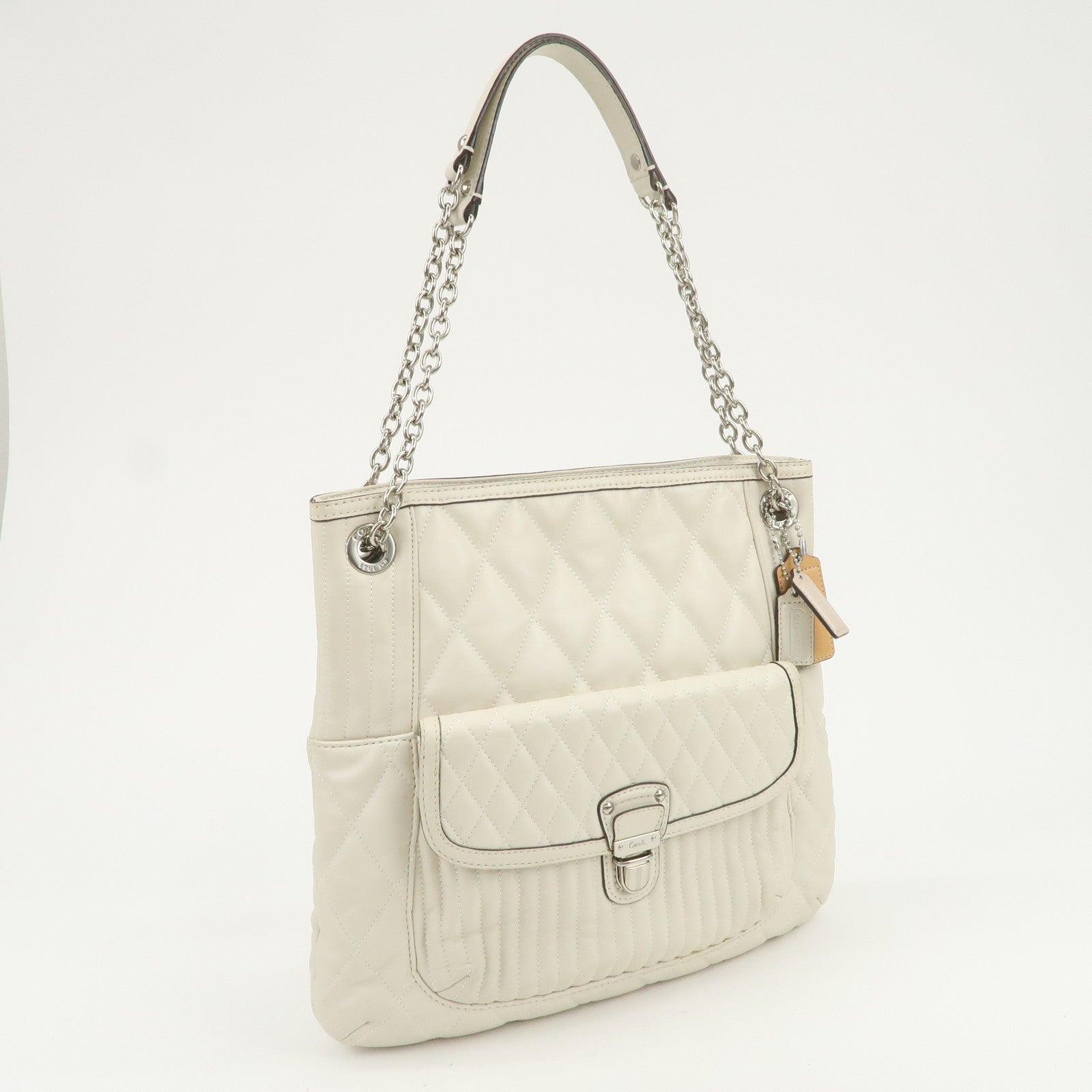 COACH Leather Chain Shoulder Bag Hand Bag Ivory
