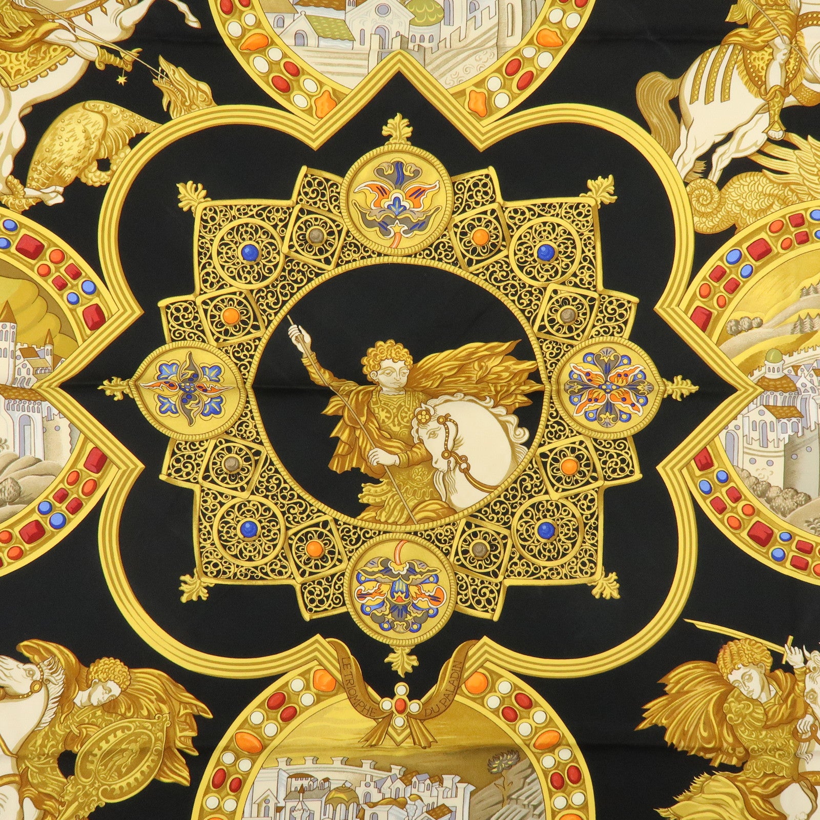 HERMES Carre 90 Silk 100% LE TRIOMPHE DU PALADIN Black Gold