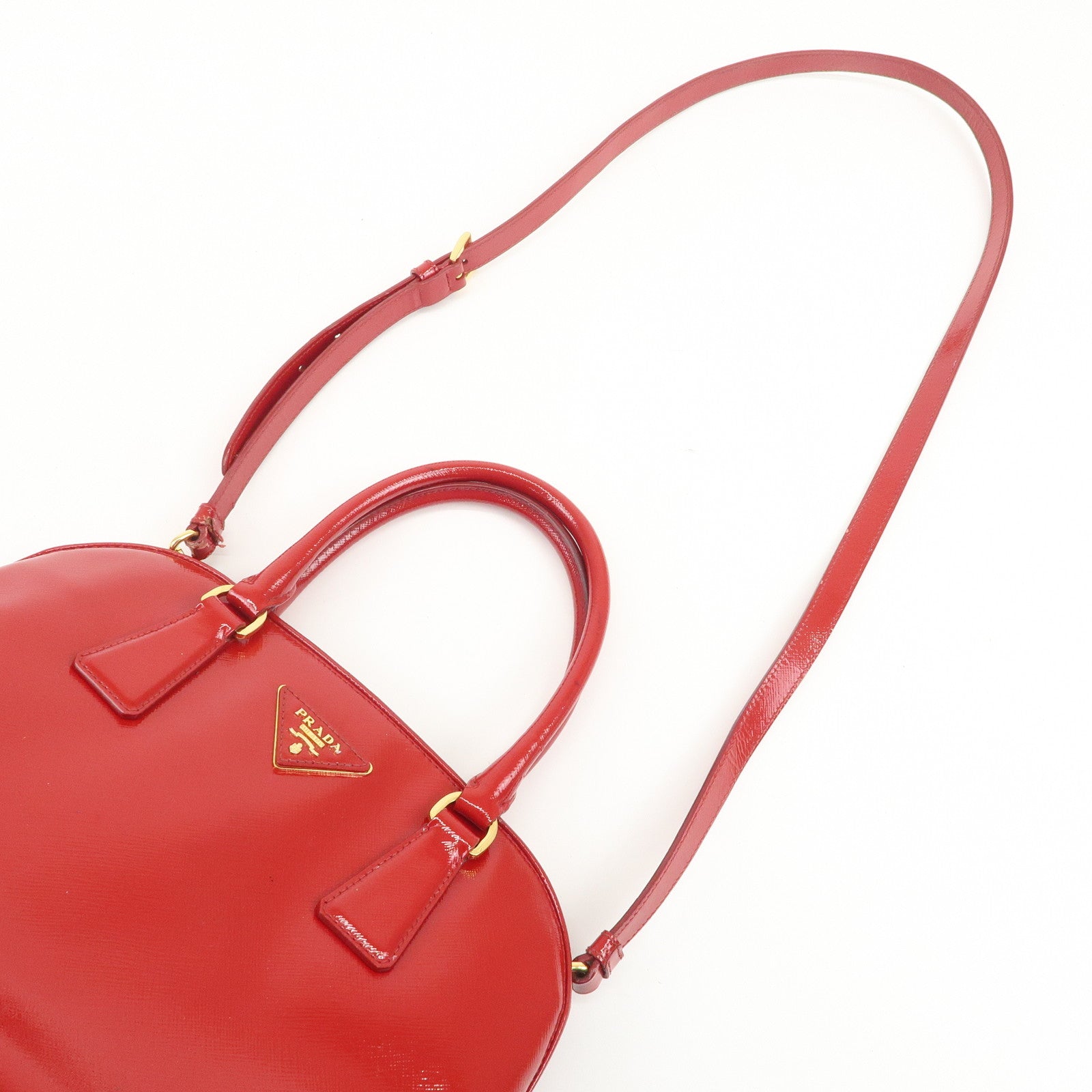 PRADA Triangle Logo Patent Leather 2WAY Bag Hand Bag Red BN2567