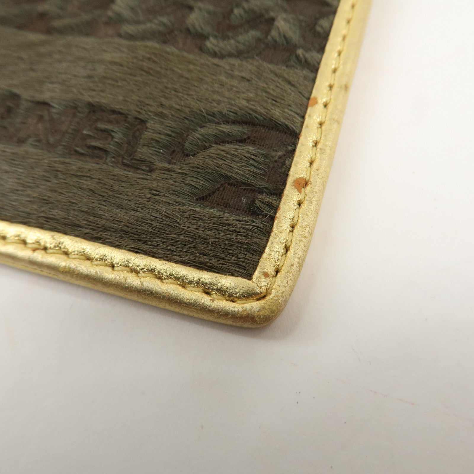 CHANEL Leather Unborn Calf Coin Case Gold Khaki Used