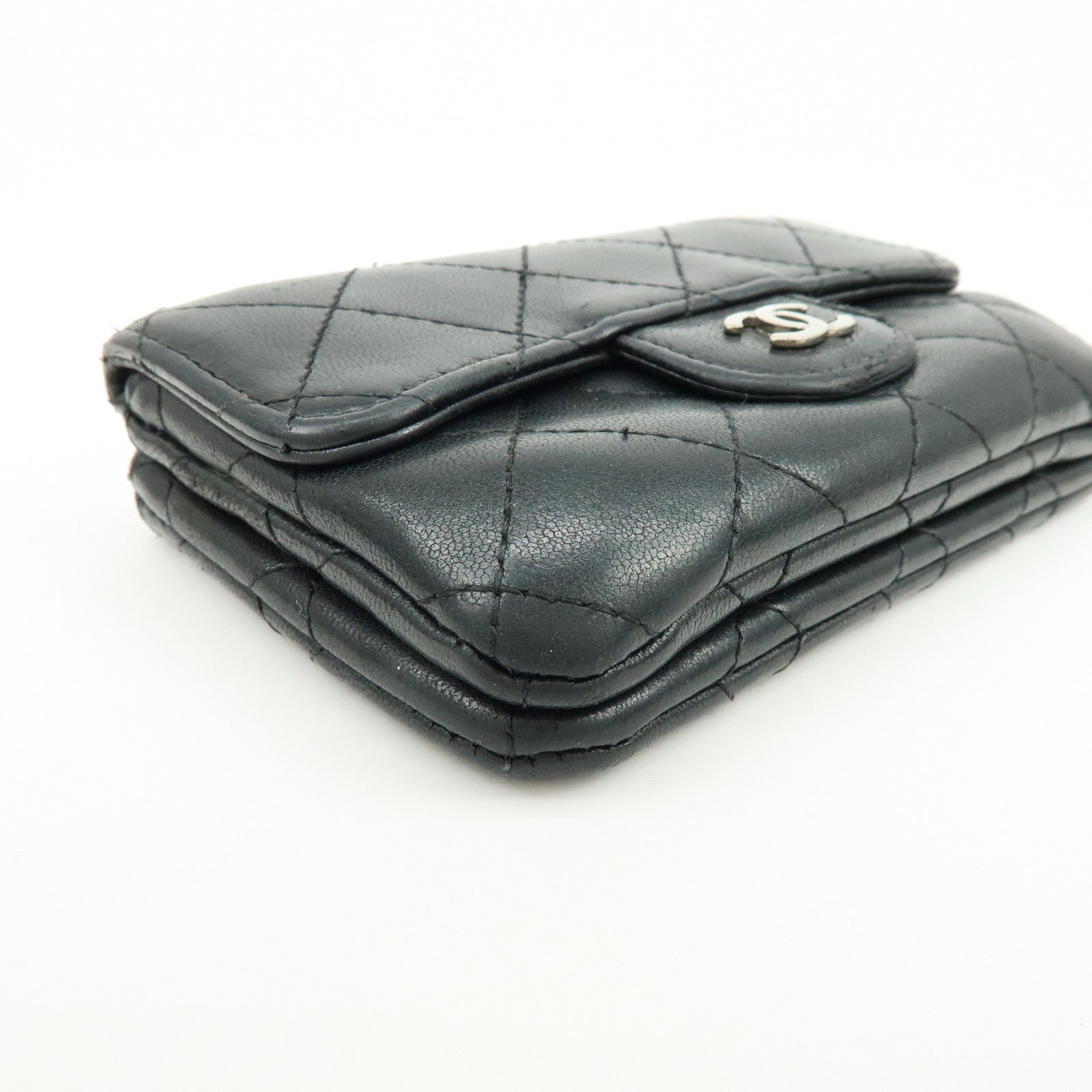 CHANEL Matelasse Lamb Skin Card Case Coin Case Black AP0214