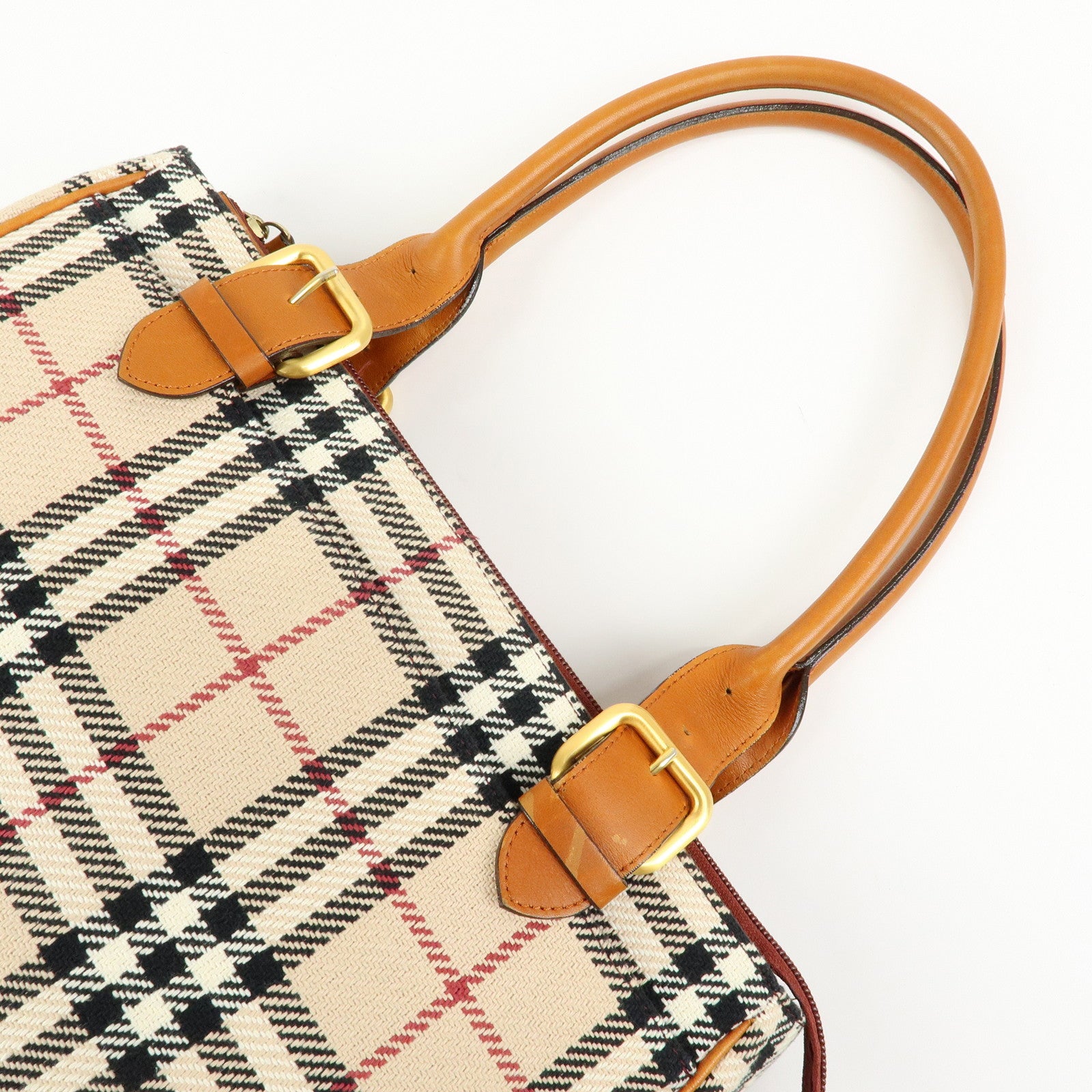 BURBERRY Nova Plaid Canvas Leather Tote Bag Hand Bag Beige Camel