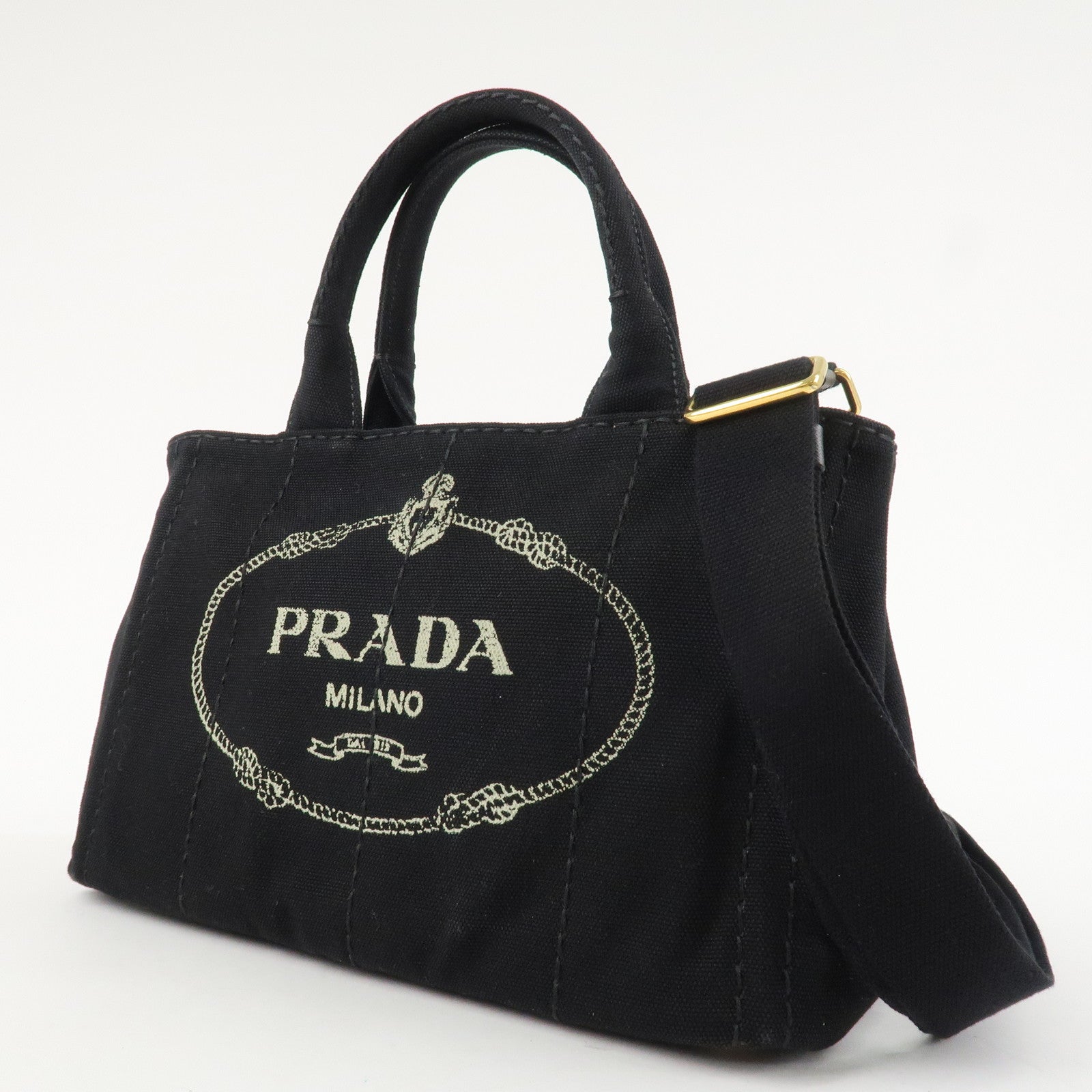 PRADA Logo Canapa Mini Canvas 2Way Bag Hand Tote Bag B2439G Black Used